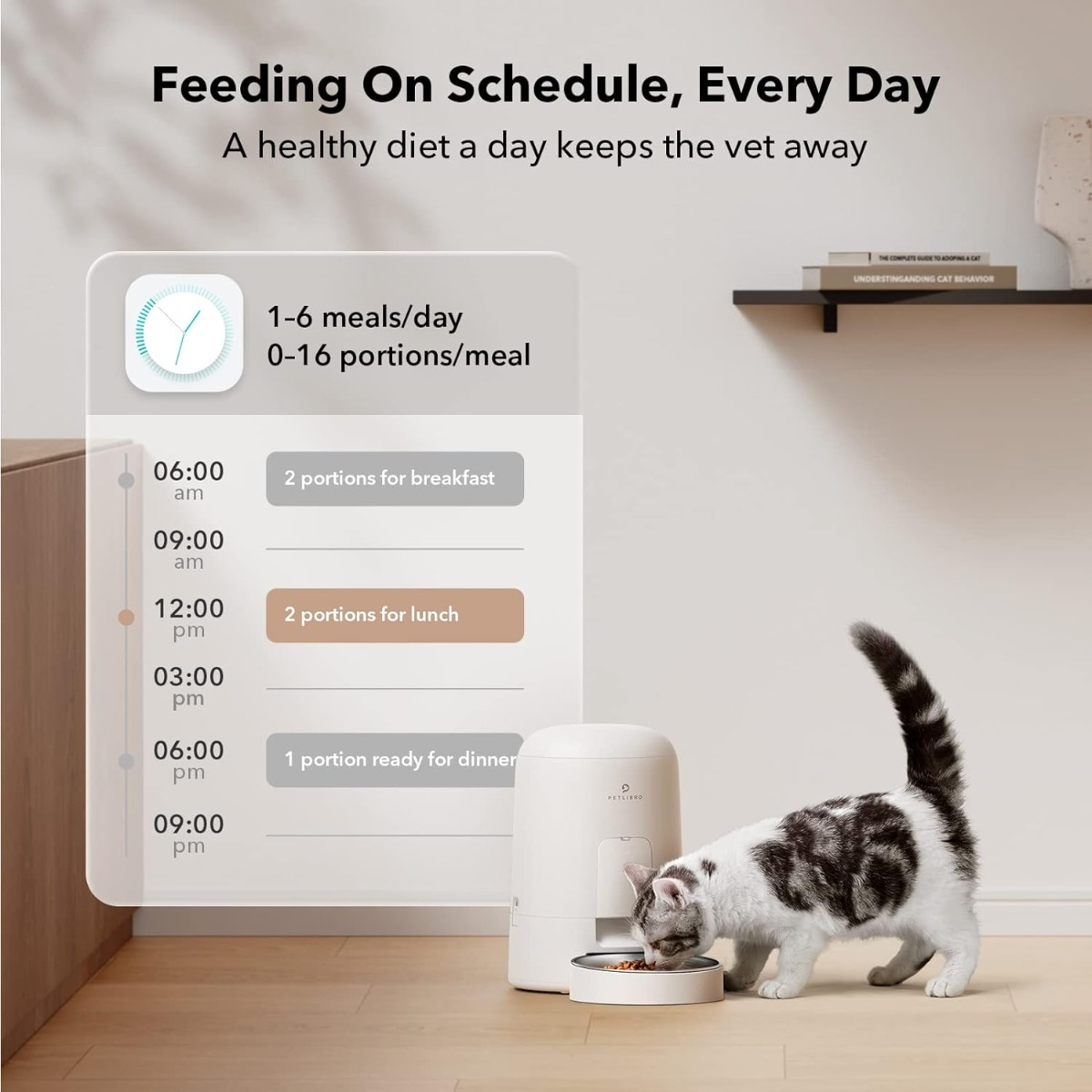 Un gatto che mangia da una ciotola. Testo: Alimentazione programmata. 1-6 pasti/giorno. 0-16 porzioni/pasto.