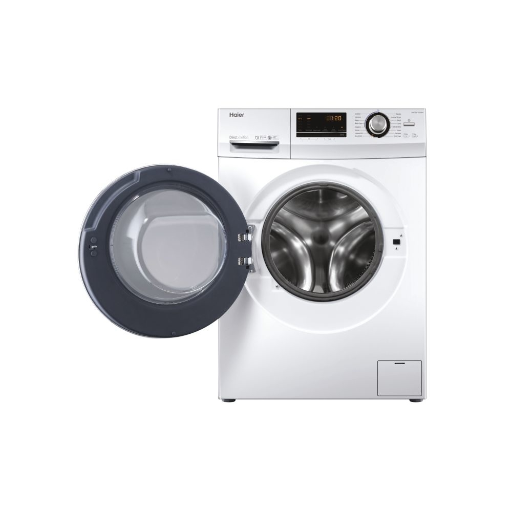 Lavatrice Haier bianca con porta aperta. Cestello e pannello di controllo visibili.