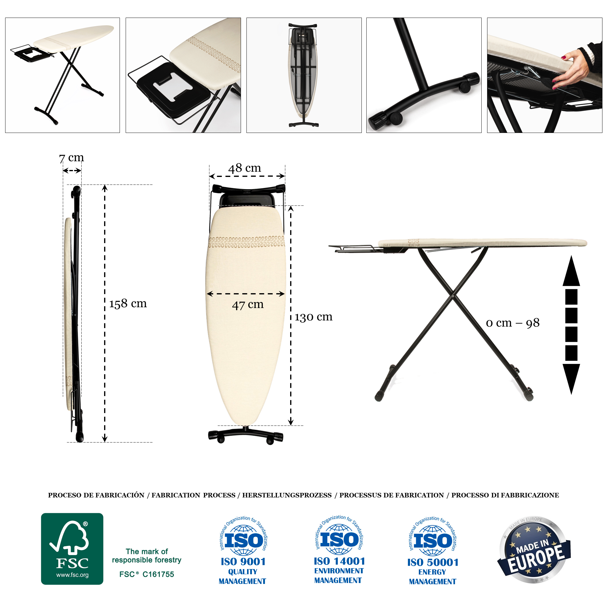 Tabla de planchar con diagramas. Se muestran medidas, plegado y características. Fondo blanco.