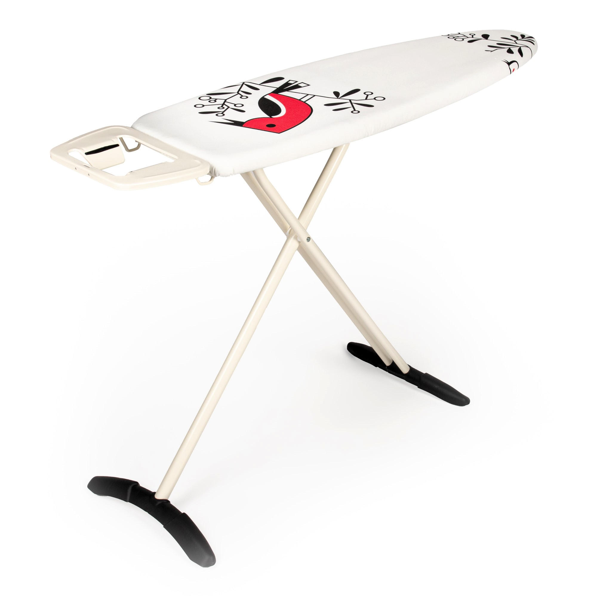 Tabla de planchar blanca con diseño floral. Las patas son beige y el reposa plancha es beige claro.