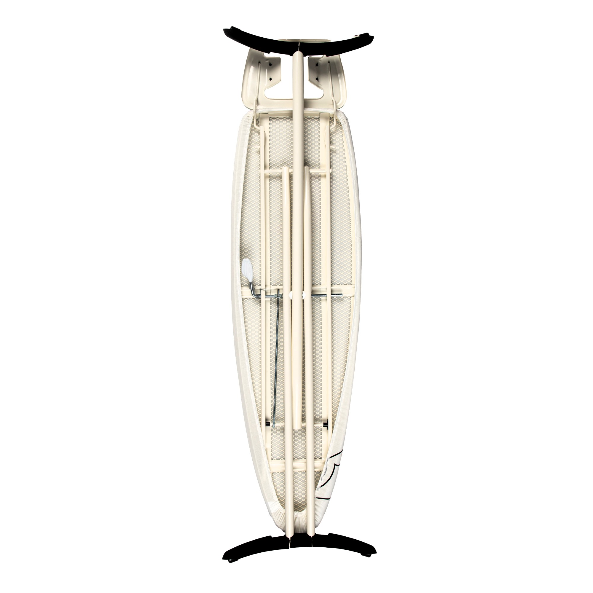 Tabla de planchar plegada, vista desde arriba. Superficie crema con patas y detalles negros.