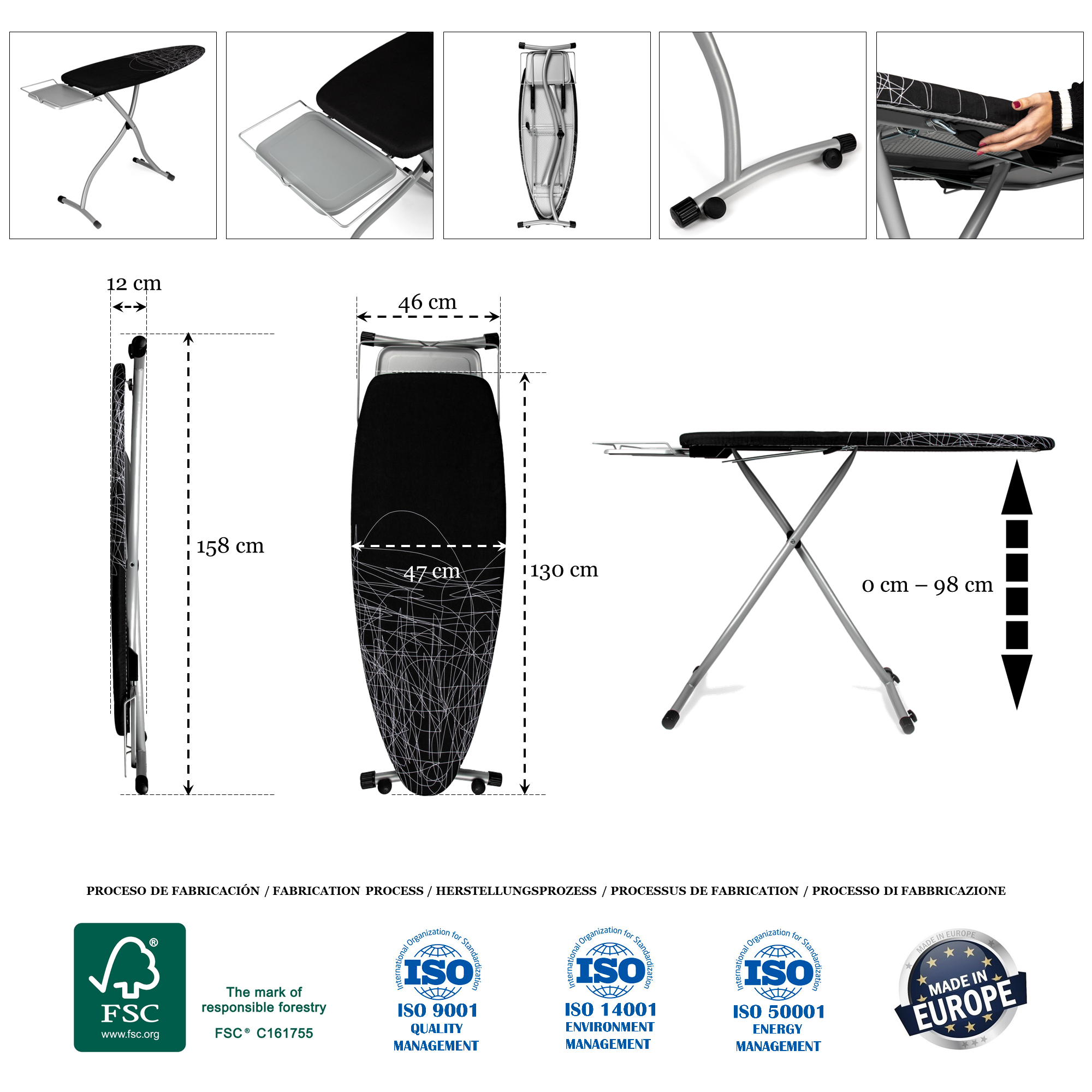 Tabla de planchar con medidas y logotipos. Diseño negro y plateado, plegable.
