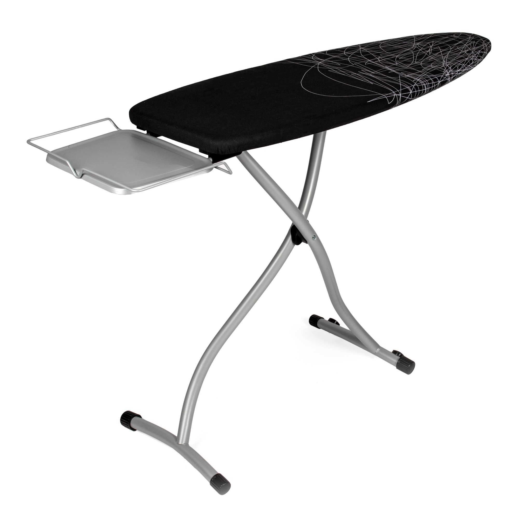 Tabla de planchar, marco de metal con una superficie de planchado negra y un estante pequeño.