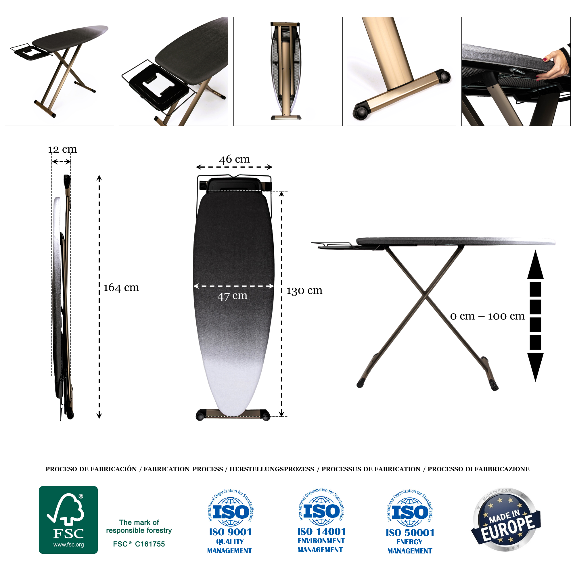 Una tabla de planchar plegada y desplegada, con dimensiones y marcas de calidad.
