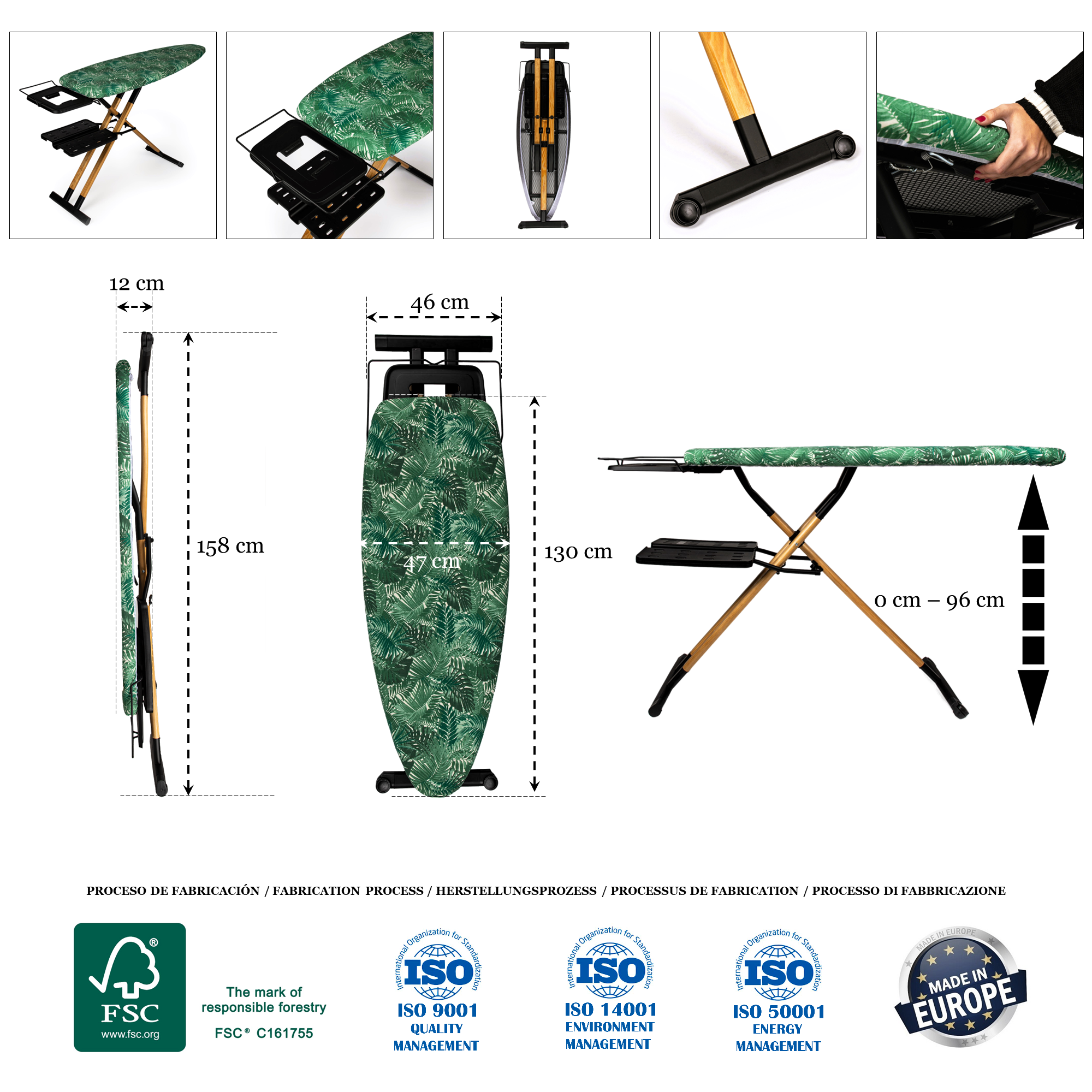 Tabla de planchar plegable con cubierta de patrón de hojas verdes. Dimensiones y logo FSC.