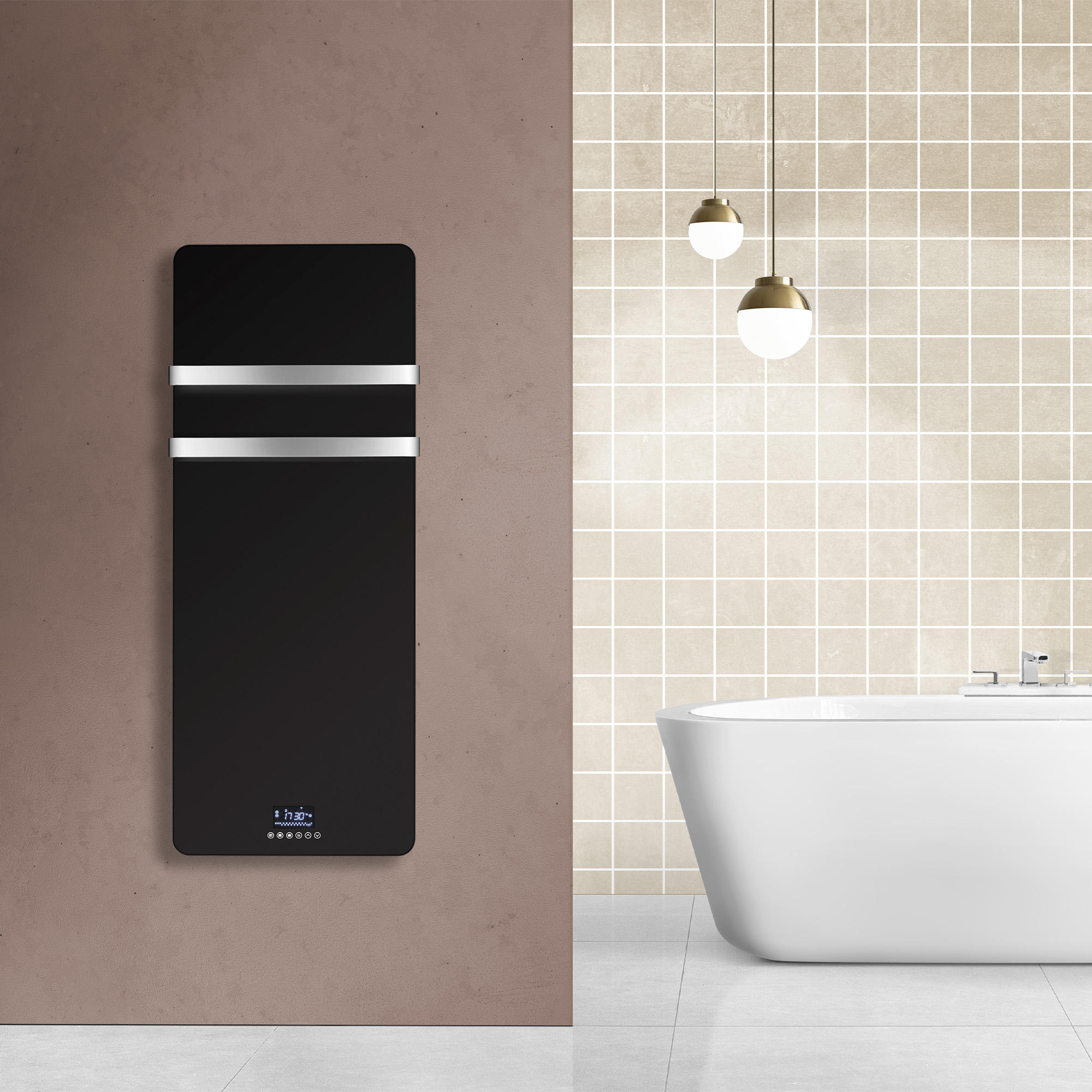 Schwarzer, an der Wand montierter Heizkörper mit Digitalanzeige, in einem Badezimmer.