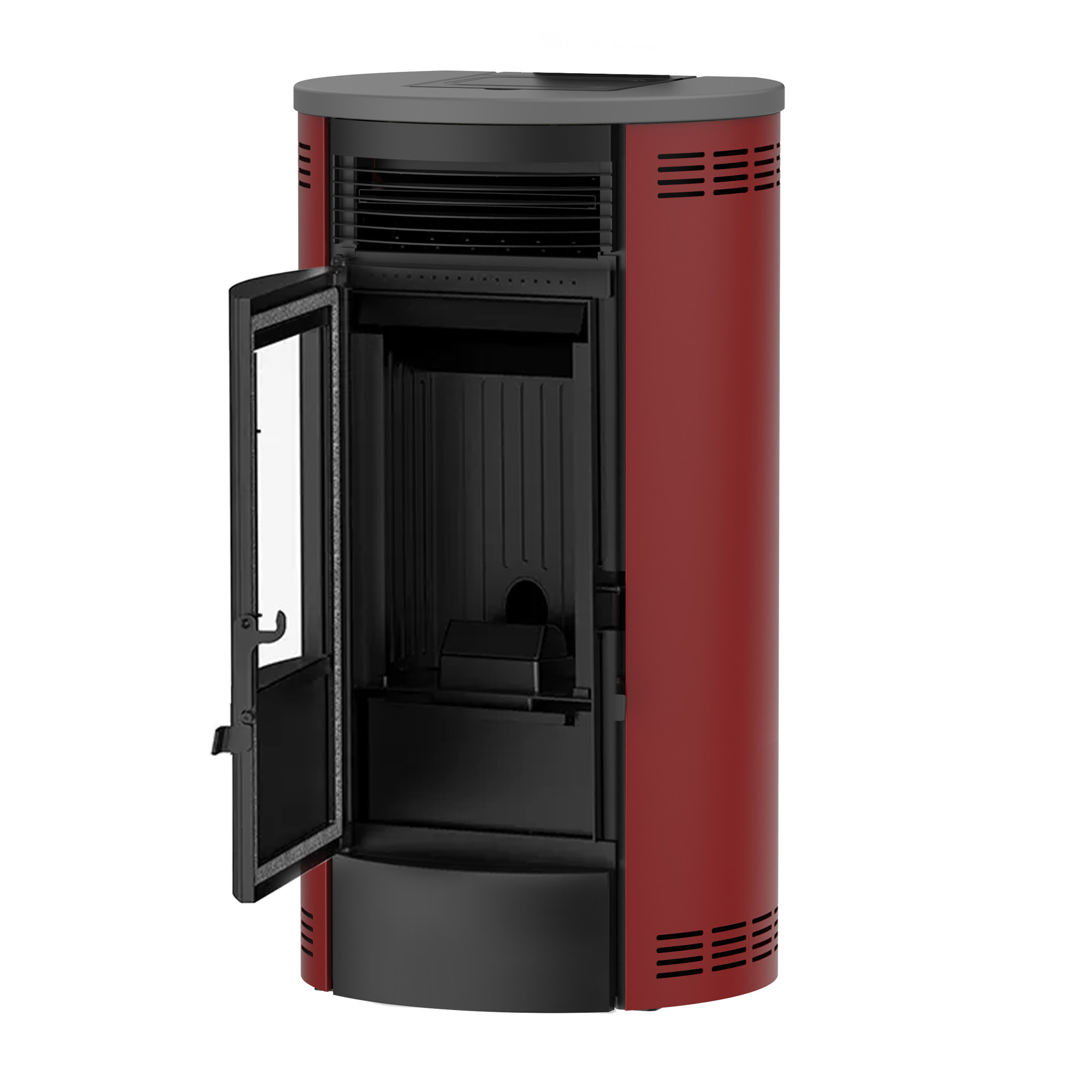 Una estufa de pellets roja con puerta de vidrio abierta sobre fondo blanco.