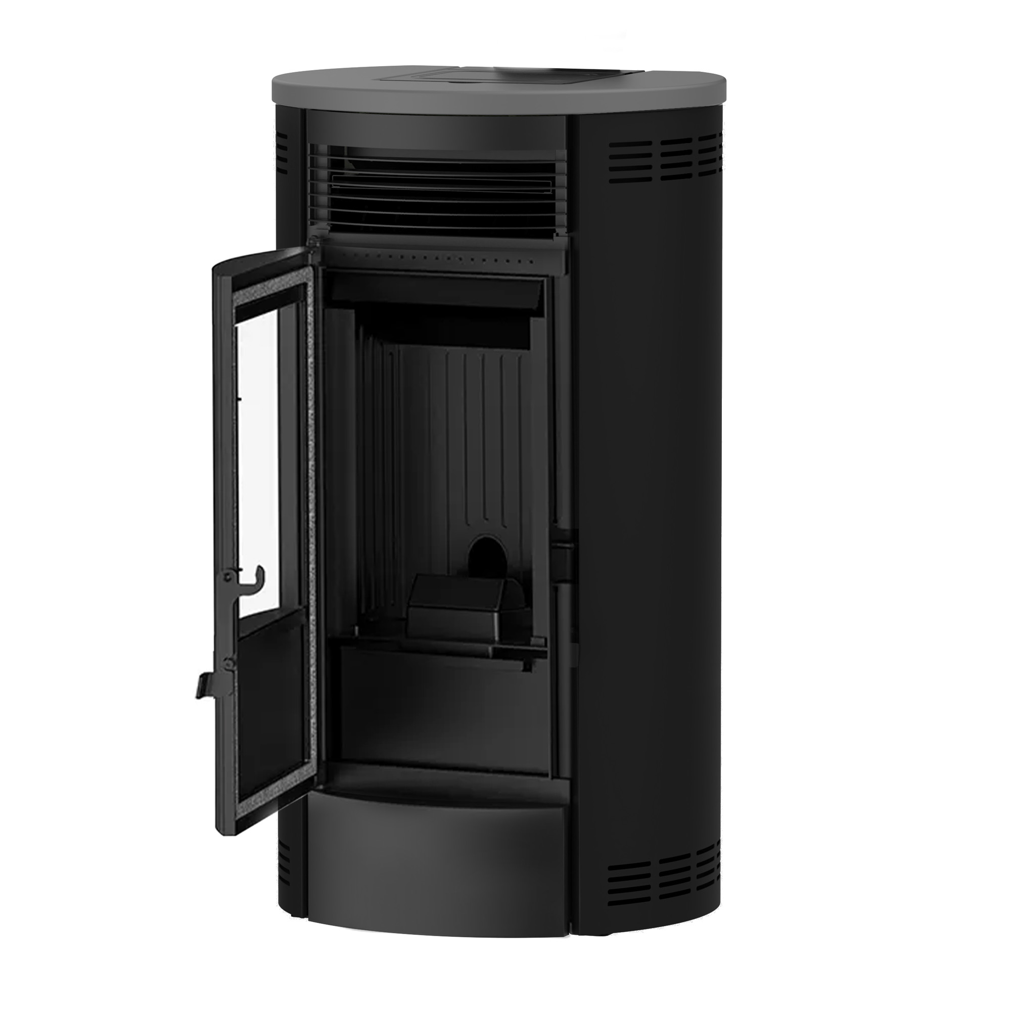 Estufa de pellets negra con puerta de vidrio abierta. Tapa gris. Cuerpo negro. Interior visible. Fondo blanco.