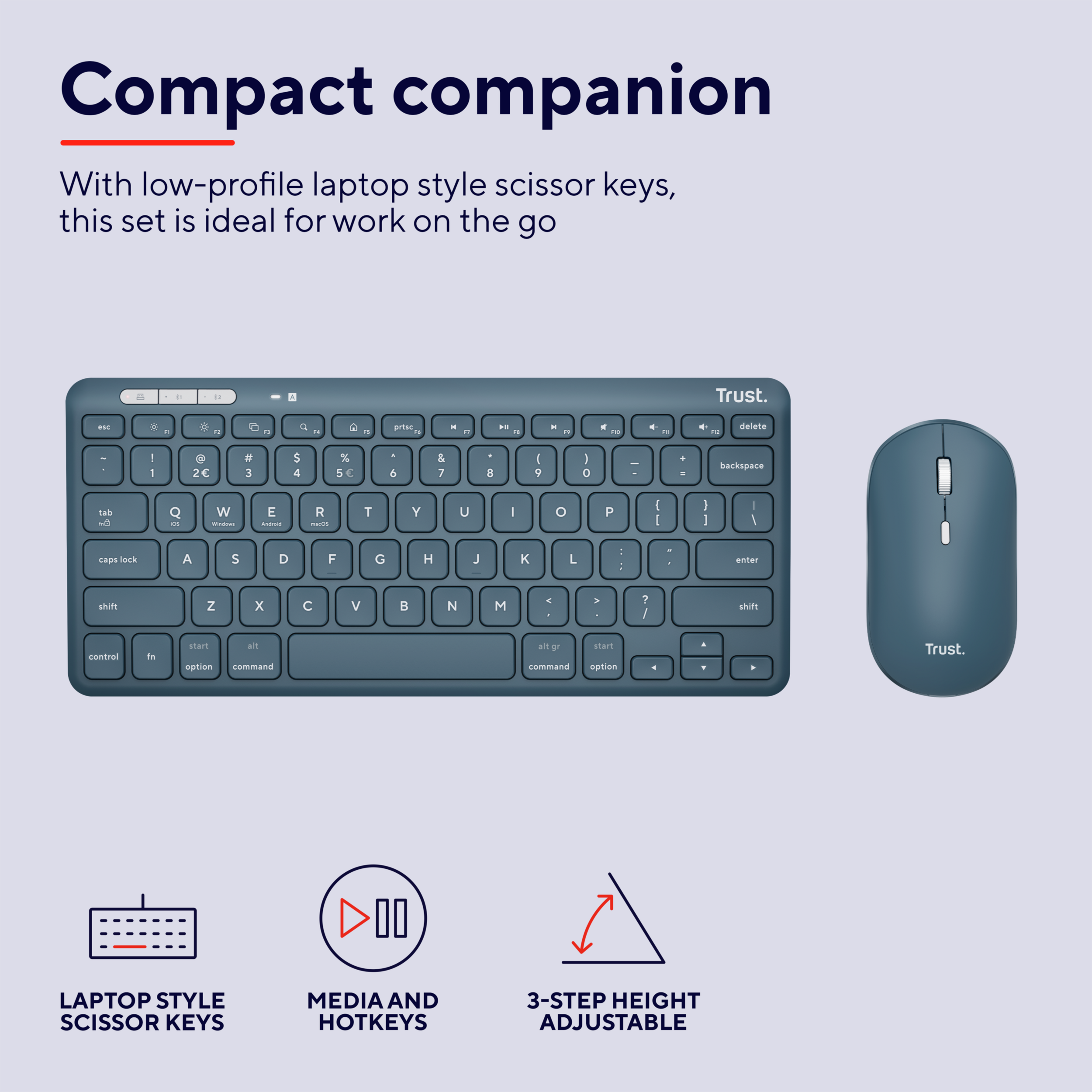 Niebieski zestaw klawiatura i mysz. Białe tło. Tekst: Kompaktowy towarzysz. Klawisze w stylu laptopa.