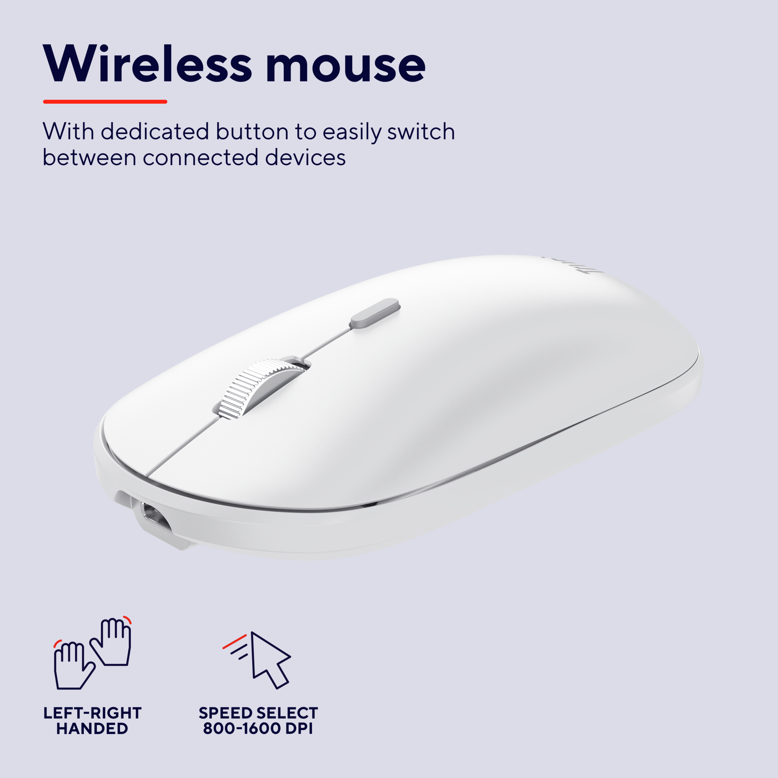 Biała mysz bezprzewodowa z kółkiem przewijania i przyciskami. Jasne tło.