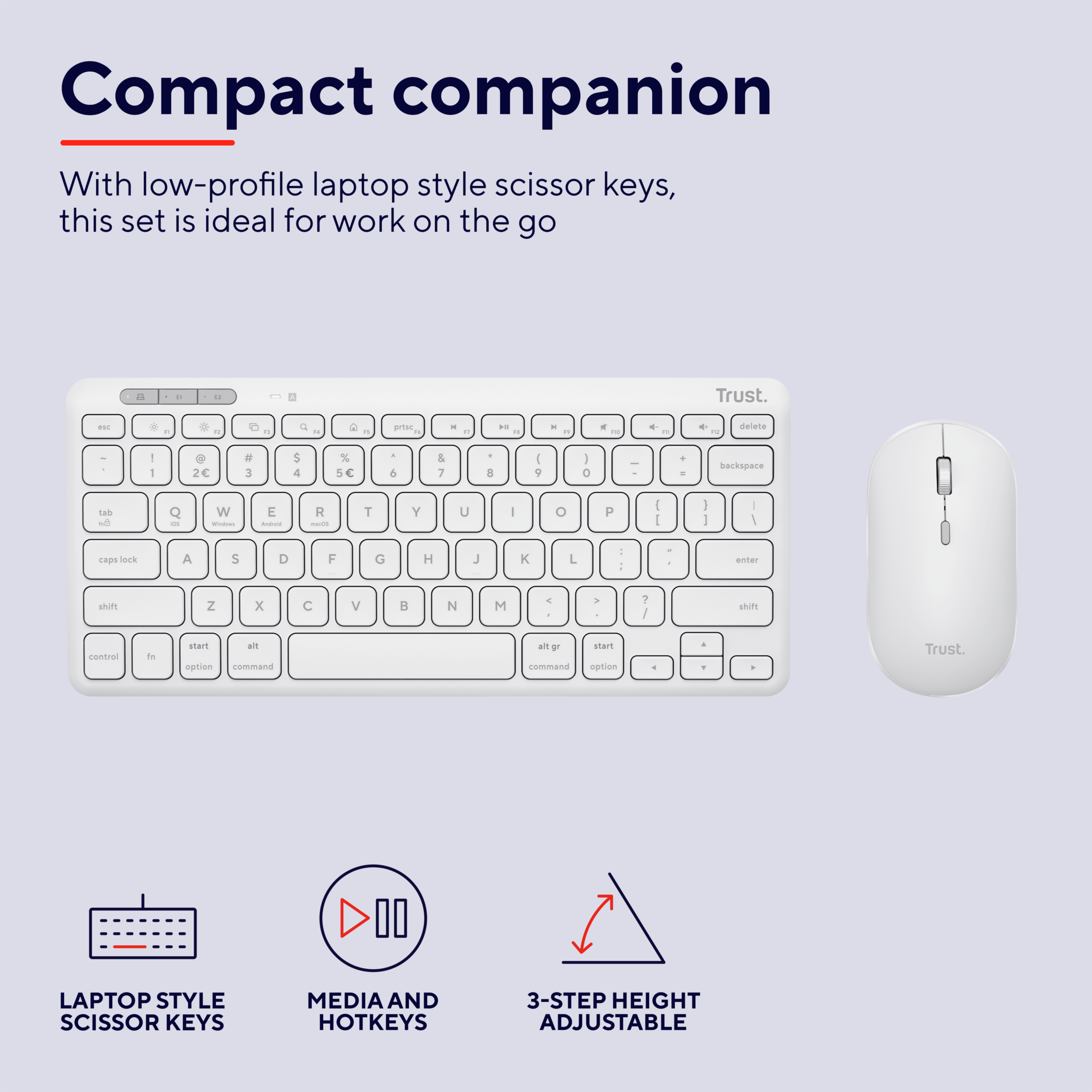 Biały bezprzewodowy zestaw klawiatury i myszy. Klawiatura ma klawisze nożycowe w stylu laptopa.