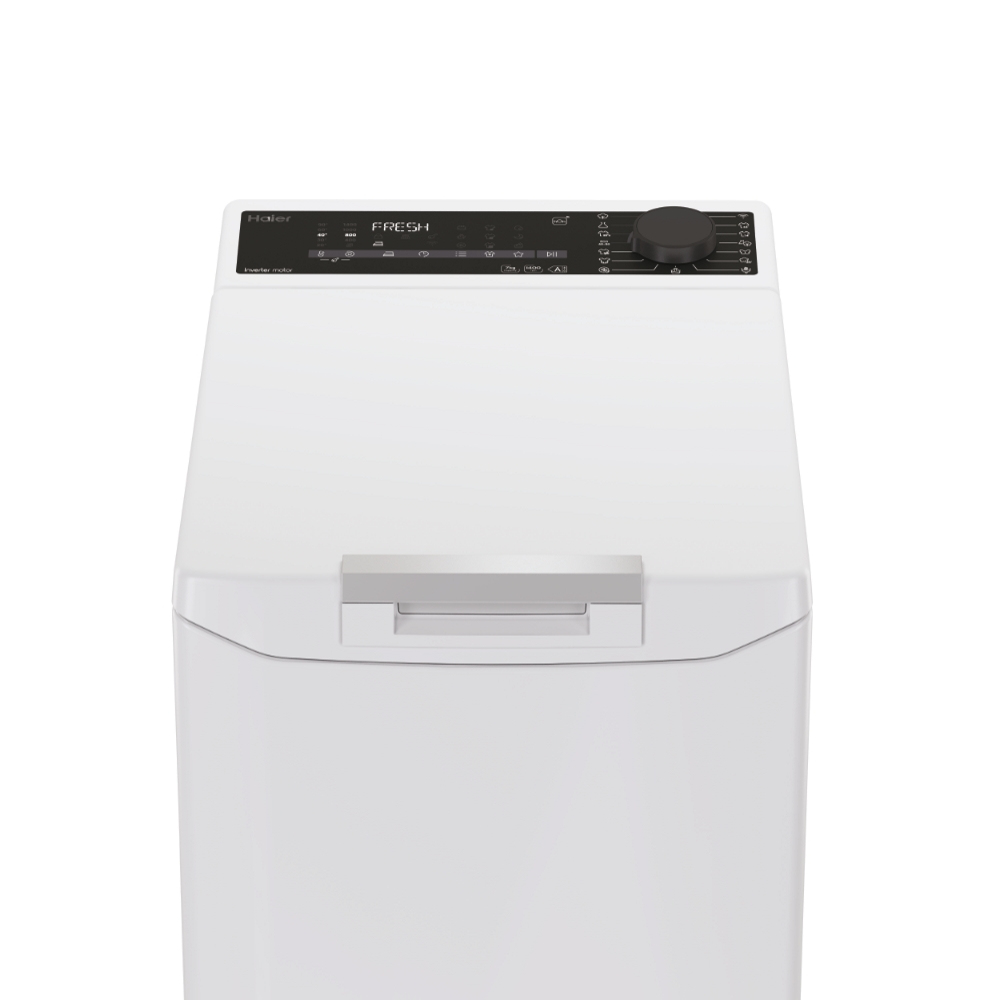 Biała pralka Haier z panelem sterowania na górze.