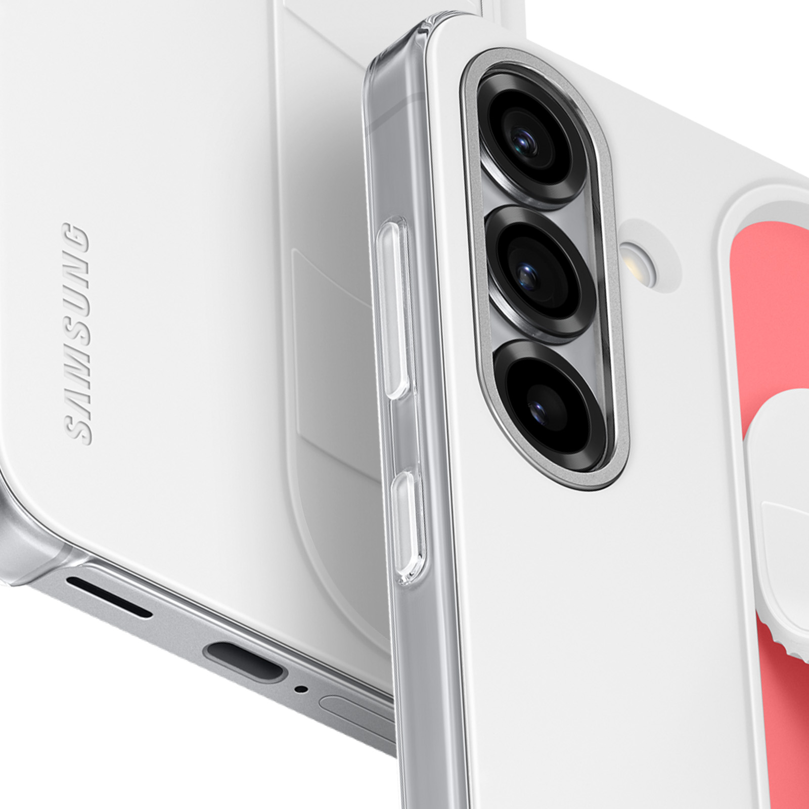 Zbliżenie białego etui na telefon z trzema obiektywami i logo Samsung.