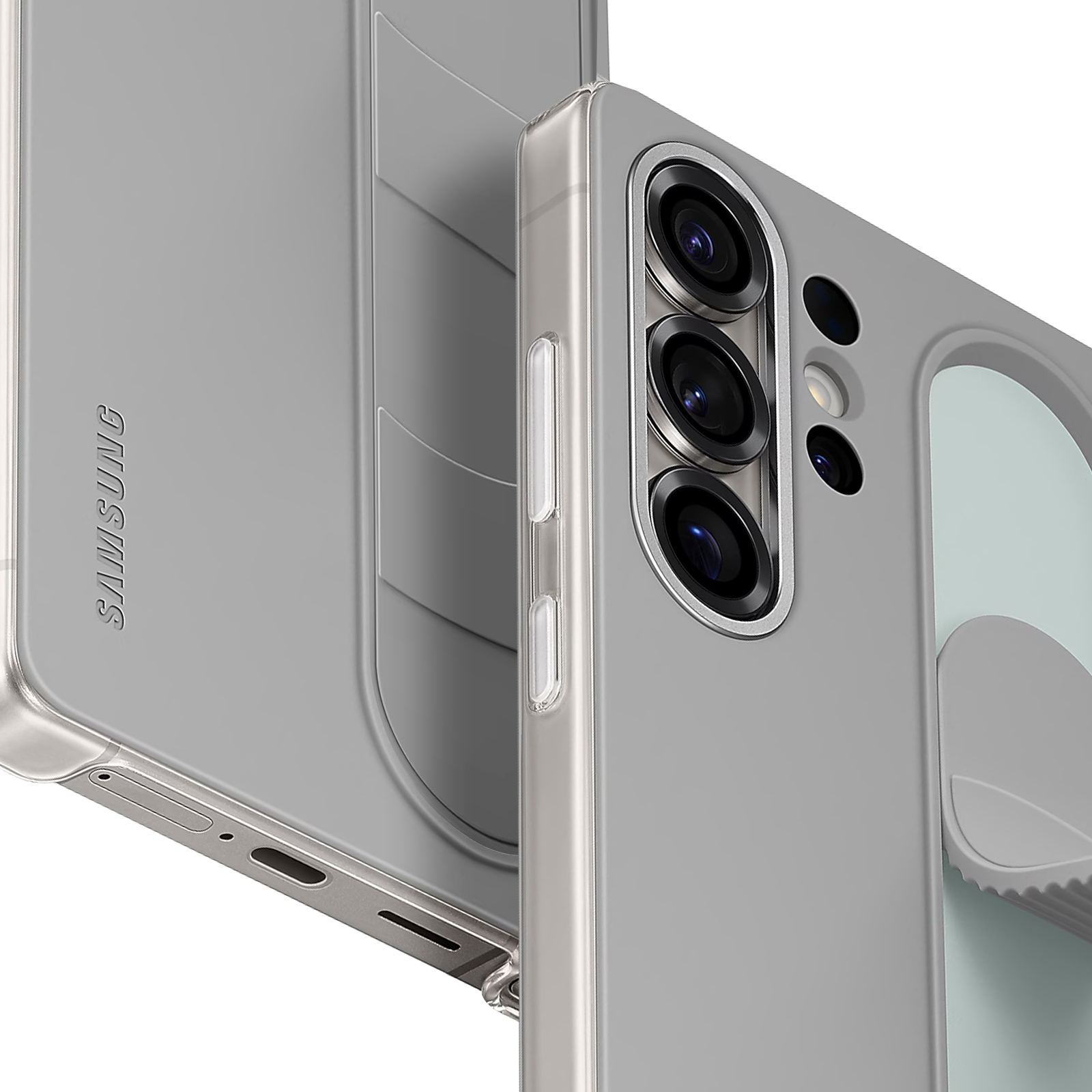 Une coque de téléphone grise avec l'arrière d'un téléphone sur le côté gauche.