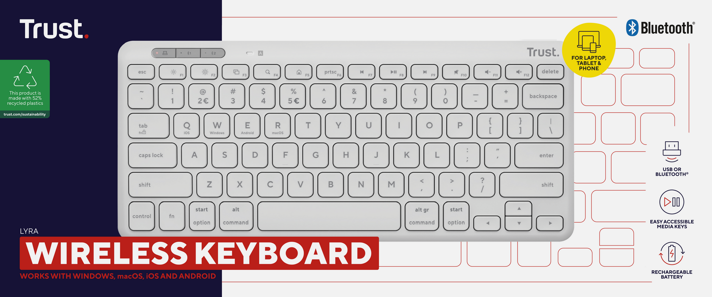 Biała klawiatura bezprzewodowa z czarnymi klawiszami. Posiada różne klawisze funkcyjne i logo Trust. Włączony Bluetooth.