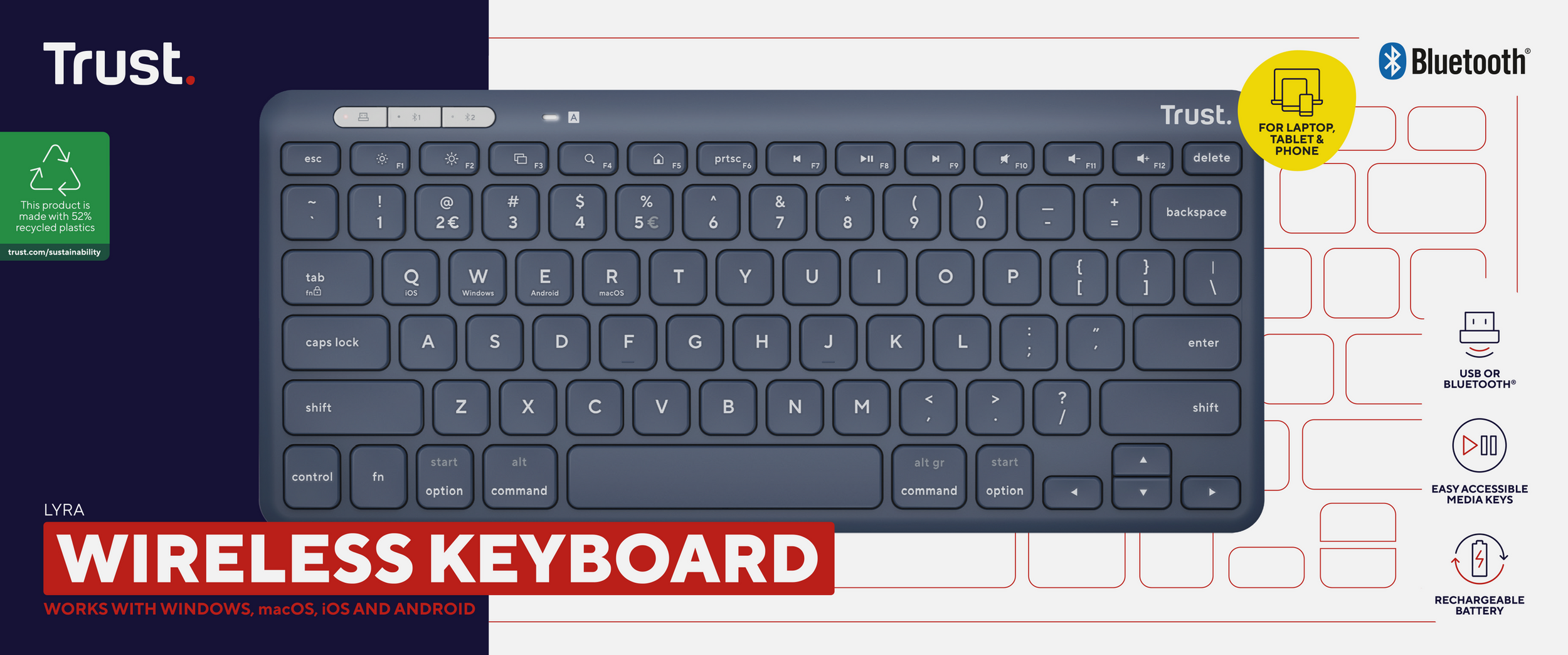 Klawiatura bezprzewodowa, ciemnoniebieska. Klawiatura ma białą ramkę, z napisem Trust u góry. Obecne logo Bluetooth.