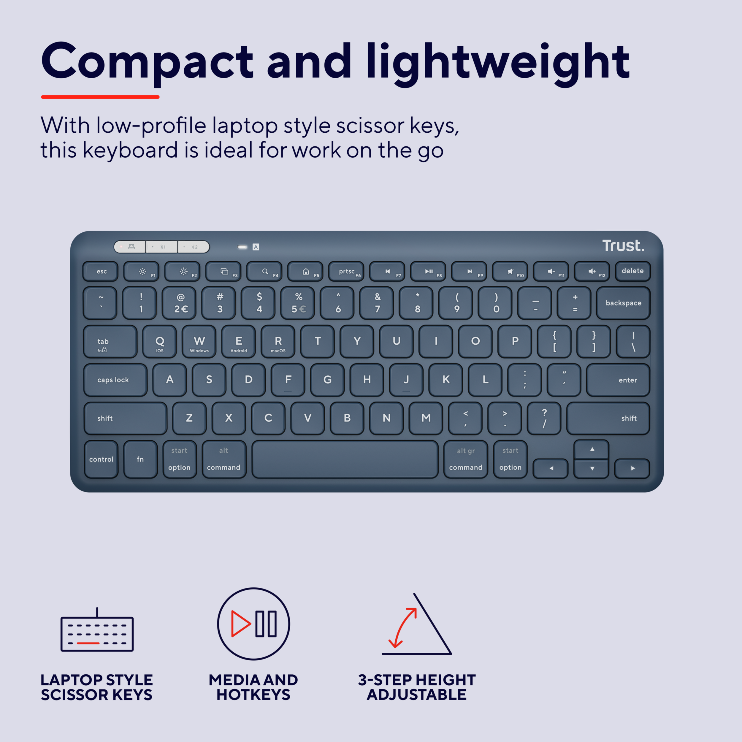 Ciemnoniebieska klawiatura z białymi klawiszami i białym tłem.