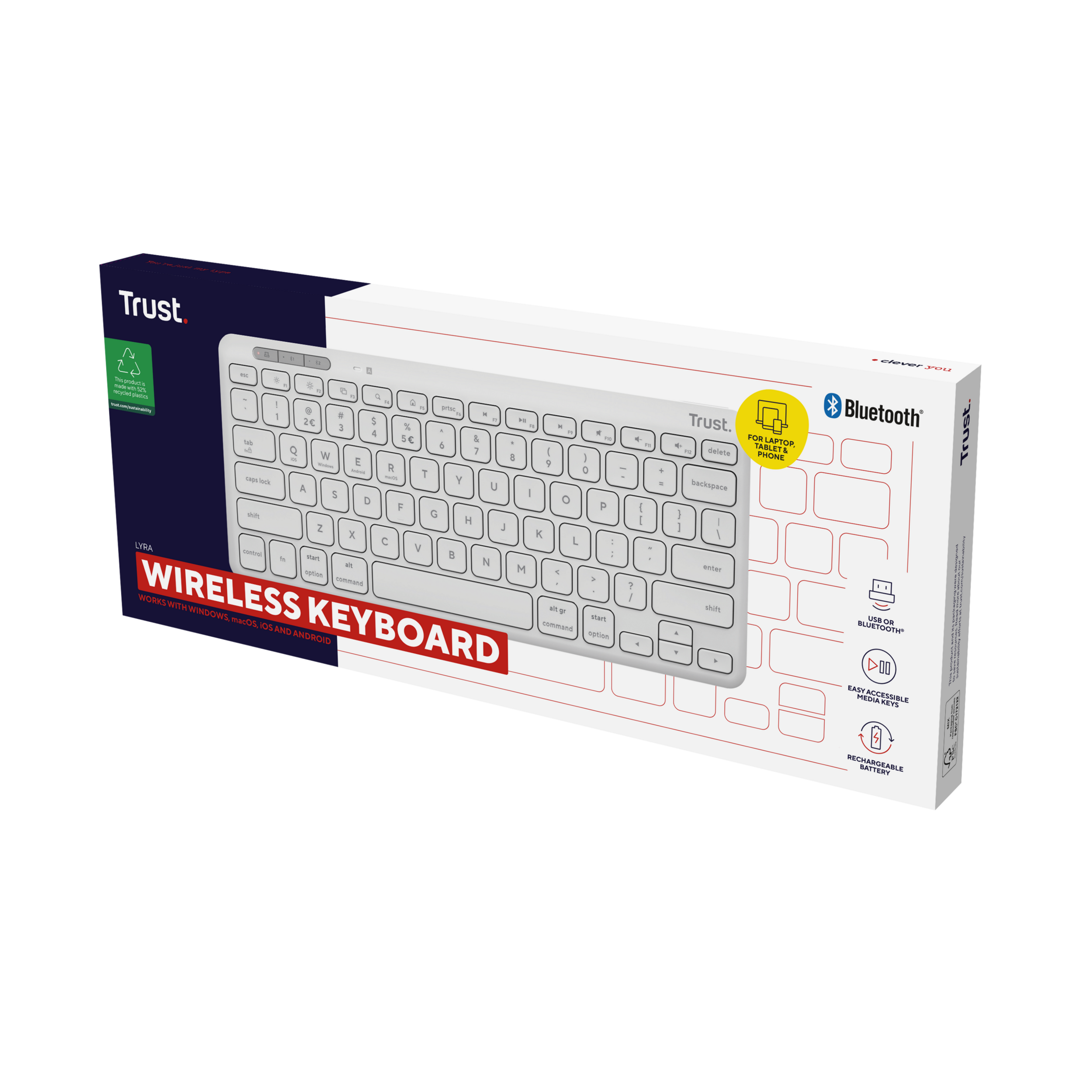 Biała klawiatura bezprzewodowa w pudełku. Pudełko zawiera informacje o produkcie i logo Trust.