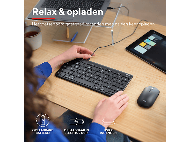 Trust Lyra Set draadloos toetsenbord en muis, Bluetooth, Frans AZERTY, 84% gerecycled kunststof, oplaadbaar mini-toetsenbord voor pc, laptop, Mac, tablet, iPad, Android, iOS - wit