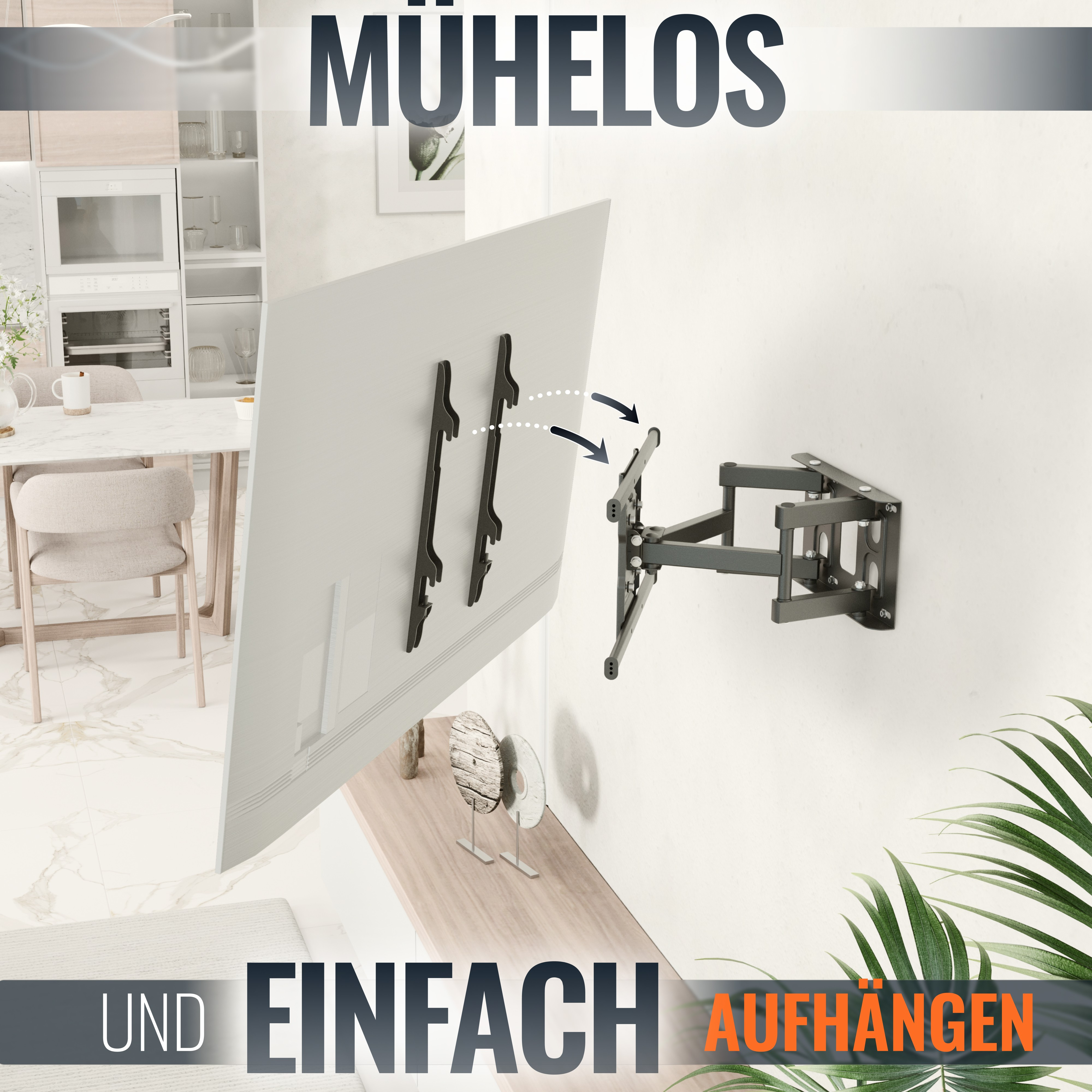 Fernseher an der Wand mit flexiblem Arm montiert, zeigt einfache Installation.