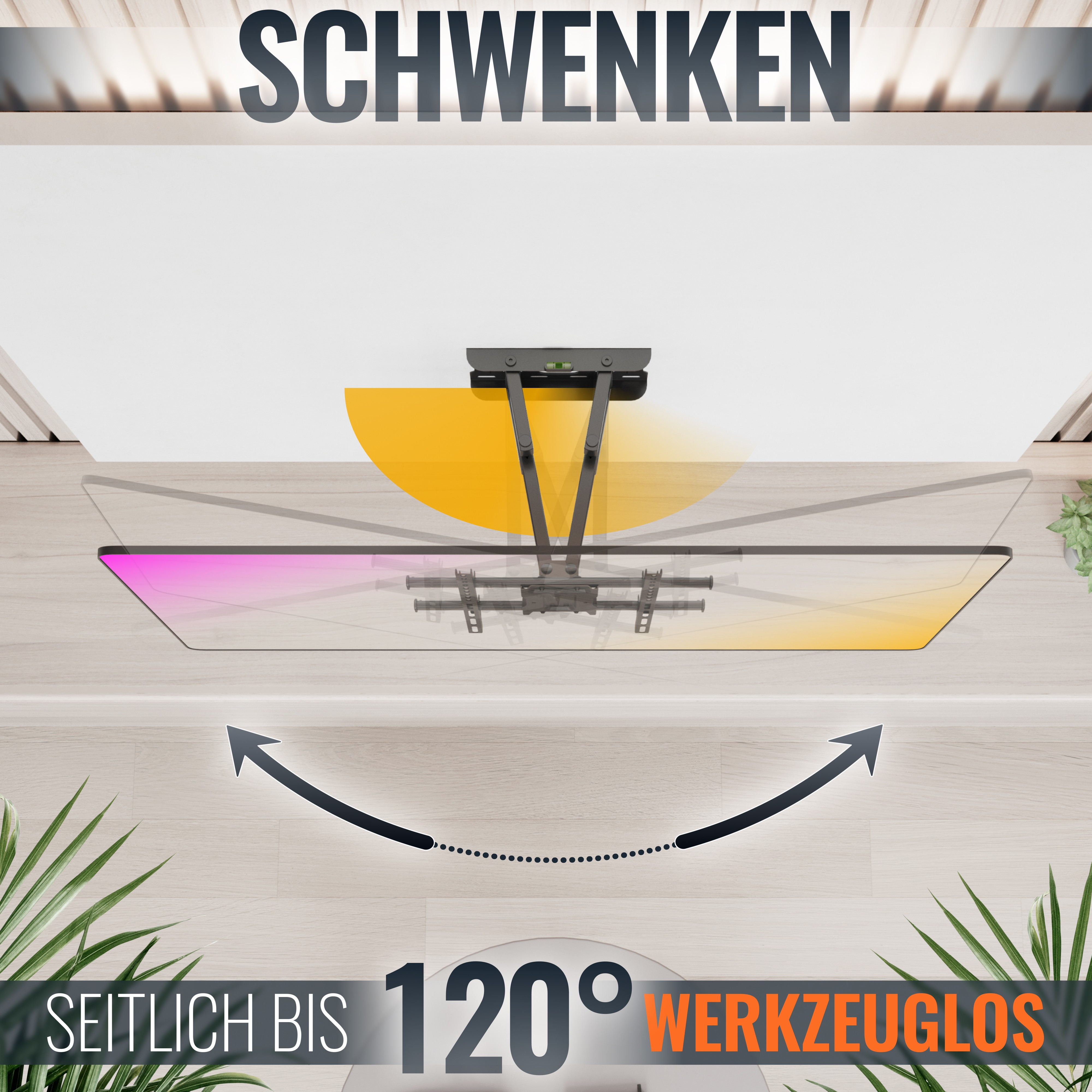 Ein Fernseher wird geschwenkt. Pfeile zeigen den Bewegungsbereich an.
