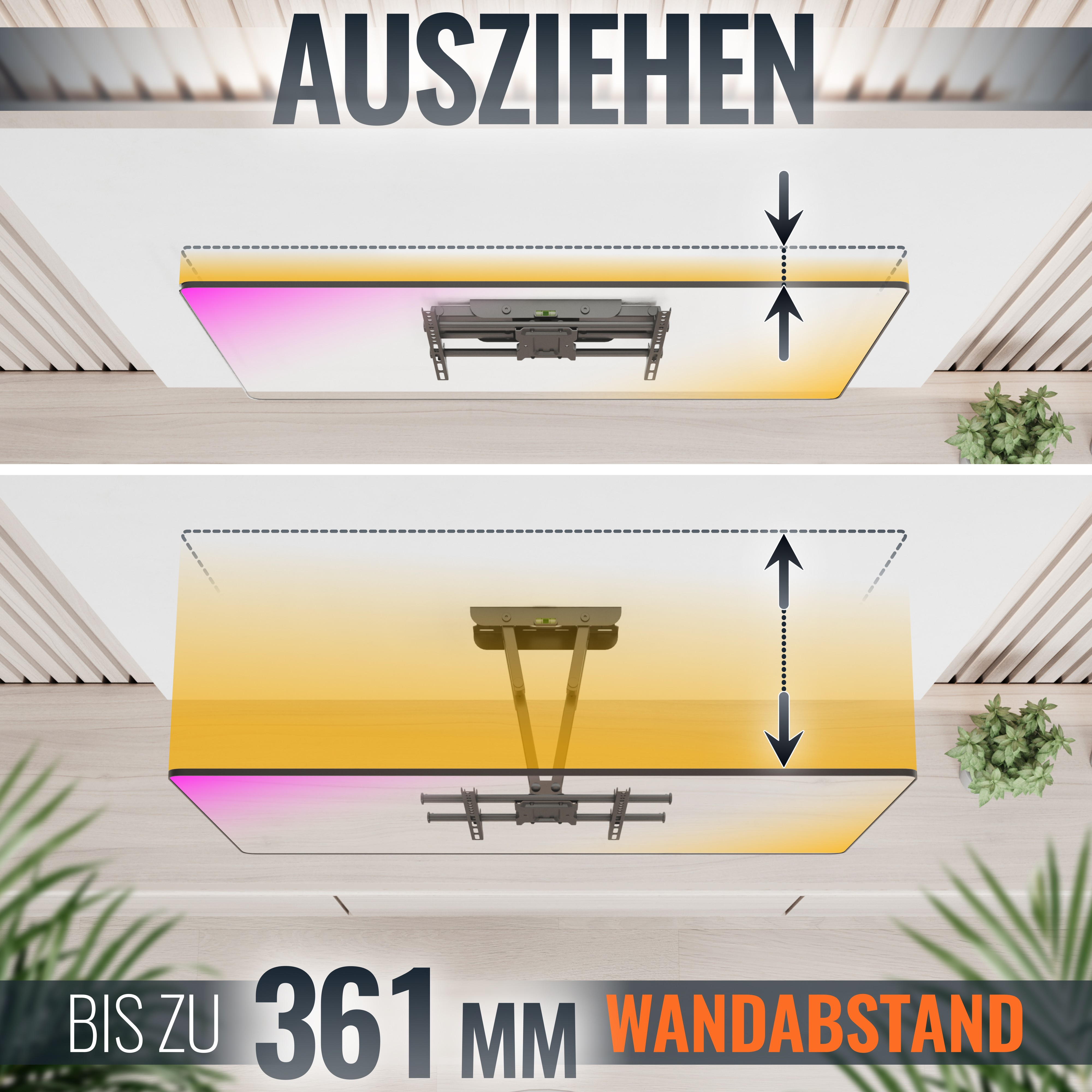 Zwei Bilder, die eine verstellbare TV-Halterung zeigen, mit ausgefahrenem und eingefahrenem Fernseher.