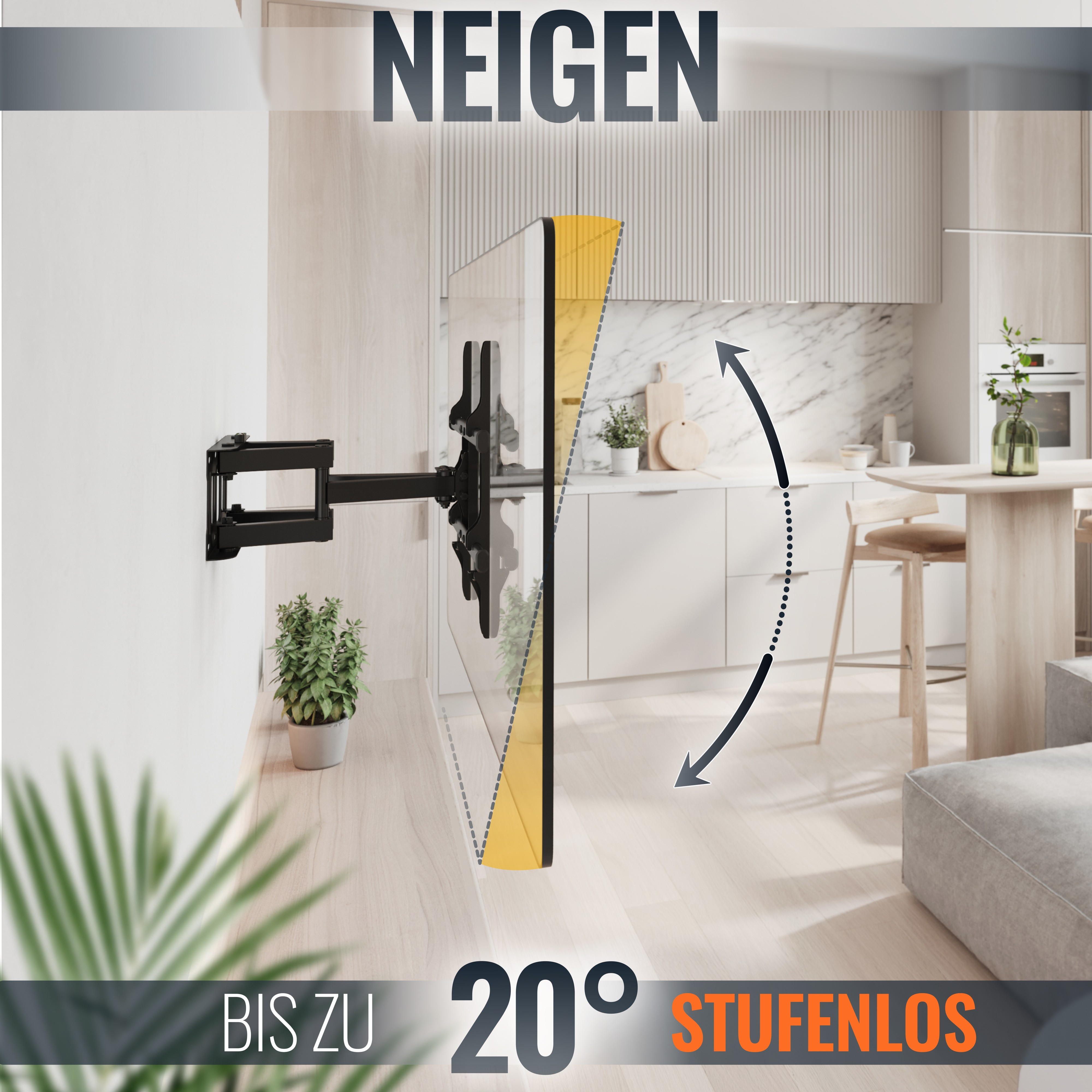 TV-Wandhalterung, neigbar. TV montiert, Text: NEIGEN, BIS ZU 20° STUFENLOS.