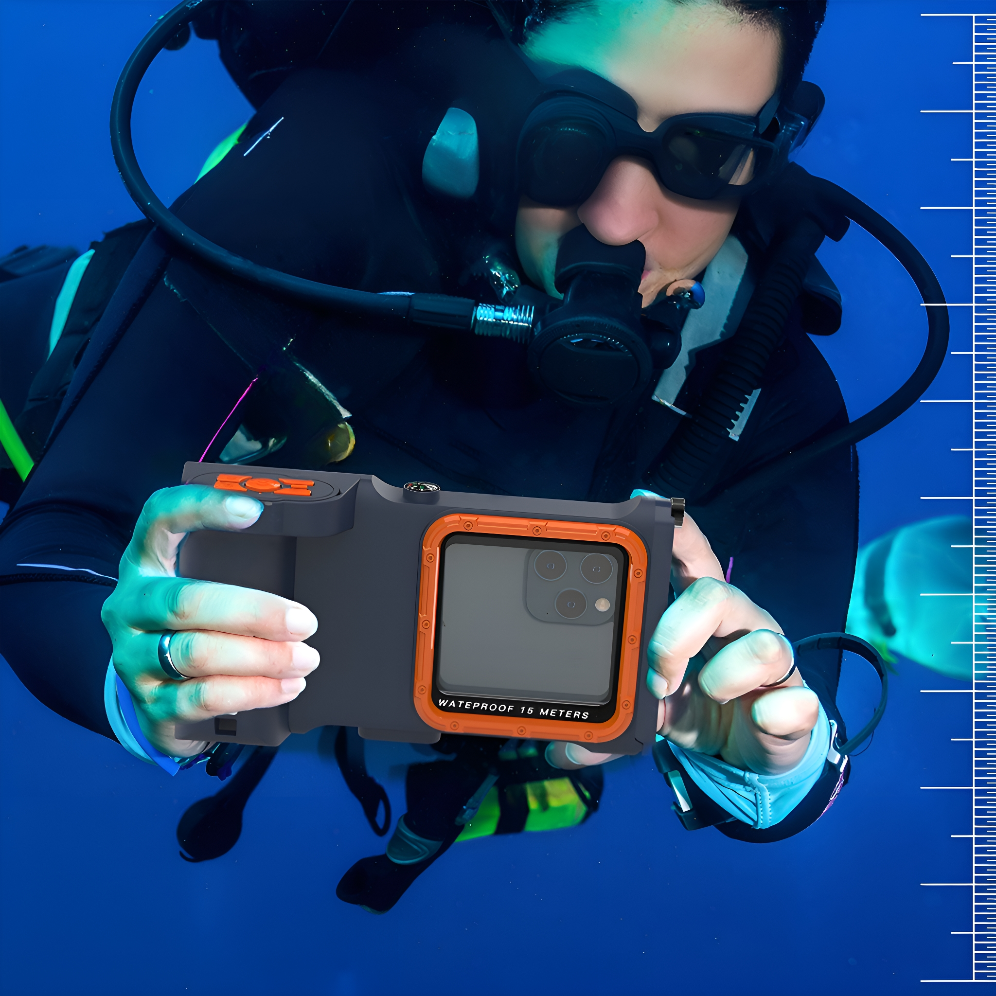 Ein Taucher im Wasser, der eine Kamera in einer wasserdichten Hülle hält, mit Fischen im Hintergrund.