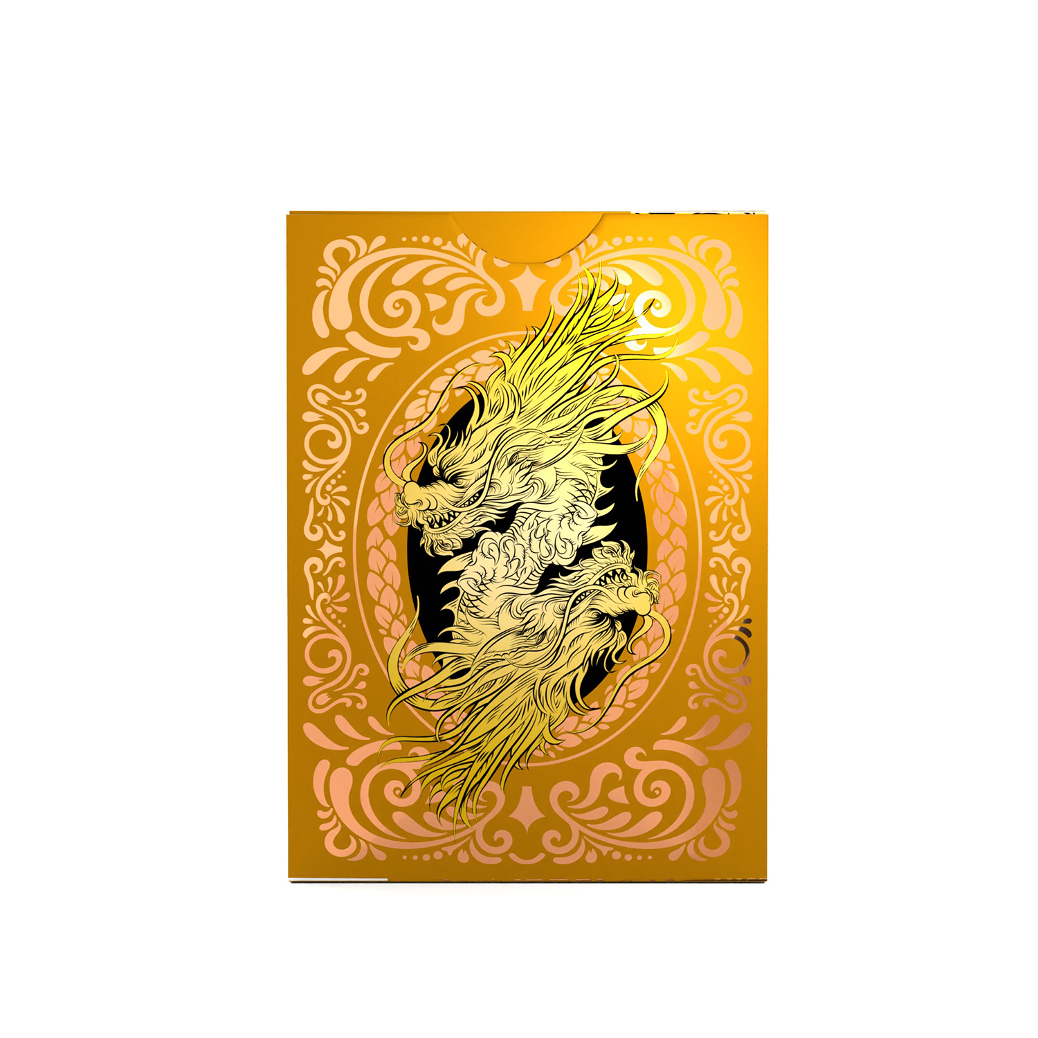Eine goldene Spielkartenbox mit einem detaillierten goldenen Drachendesign auf schwarzem Hintergrund.