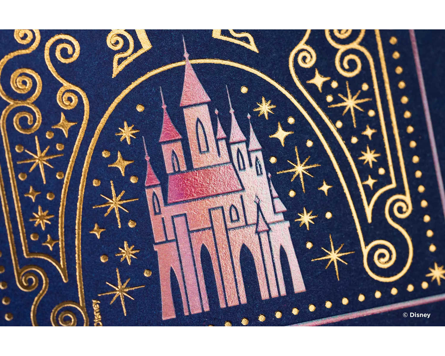 Nahaufnahme eines Disney-Buches mit goldenen Details und einer rosa Schlossillustration.