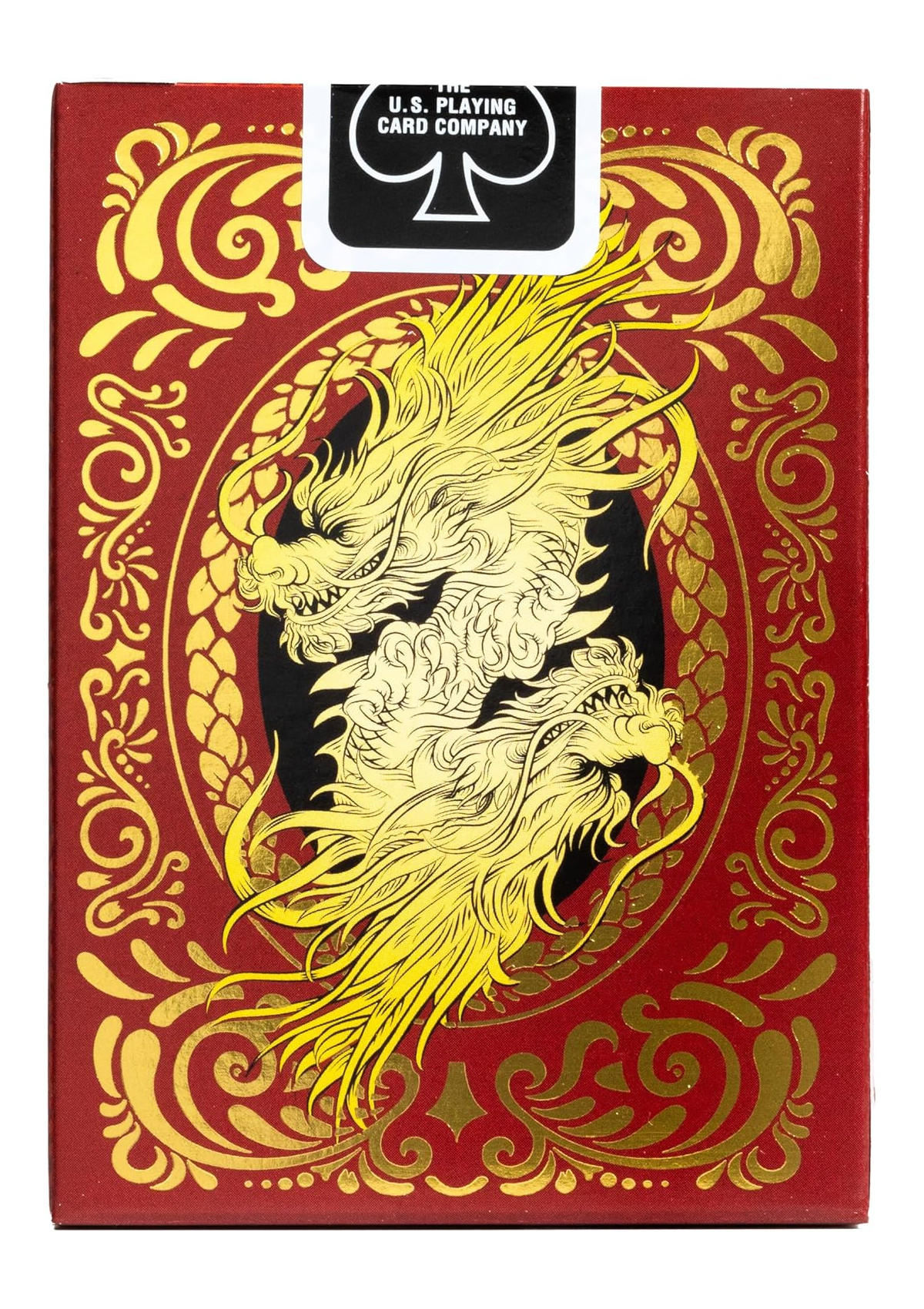 Spielkartenbox mit Drachendesign auf rotem Hintergrund, goldenen Details und Logo.