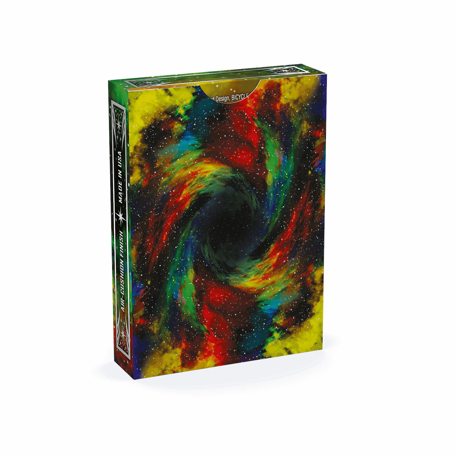 Ein Kartenspiel mit einem farbenfrohen Galaxy-Design auf der Schachtel, beschriftet mit 'Bicycle'.
