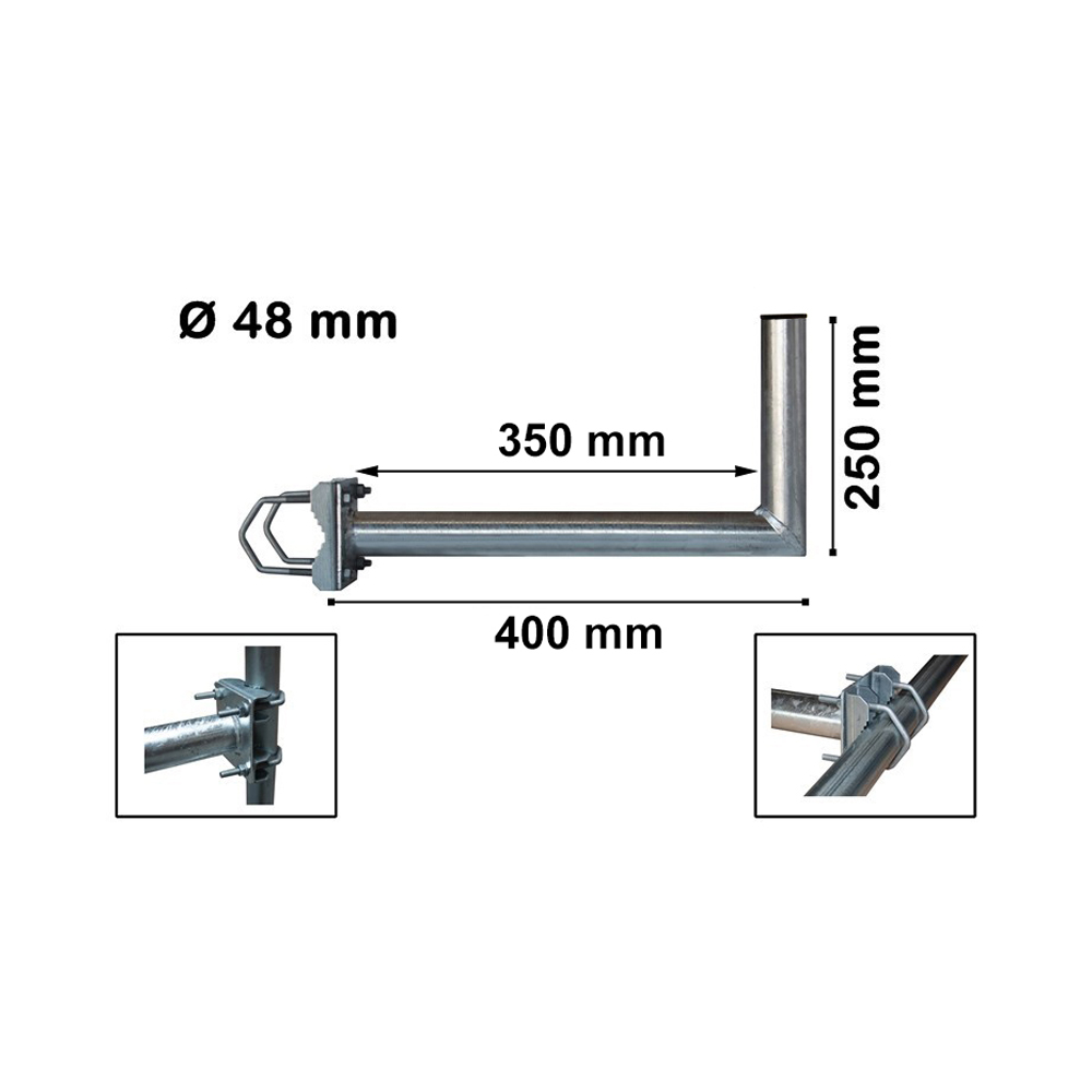 Metallischer Antennenhalter. Abmessungen und Nahaufnahmen sind im Bild enthalten.