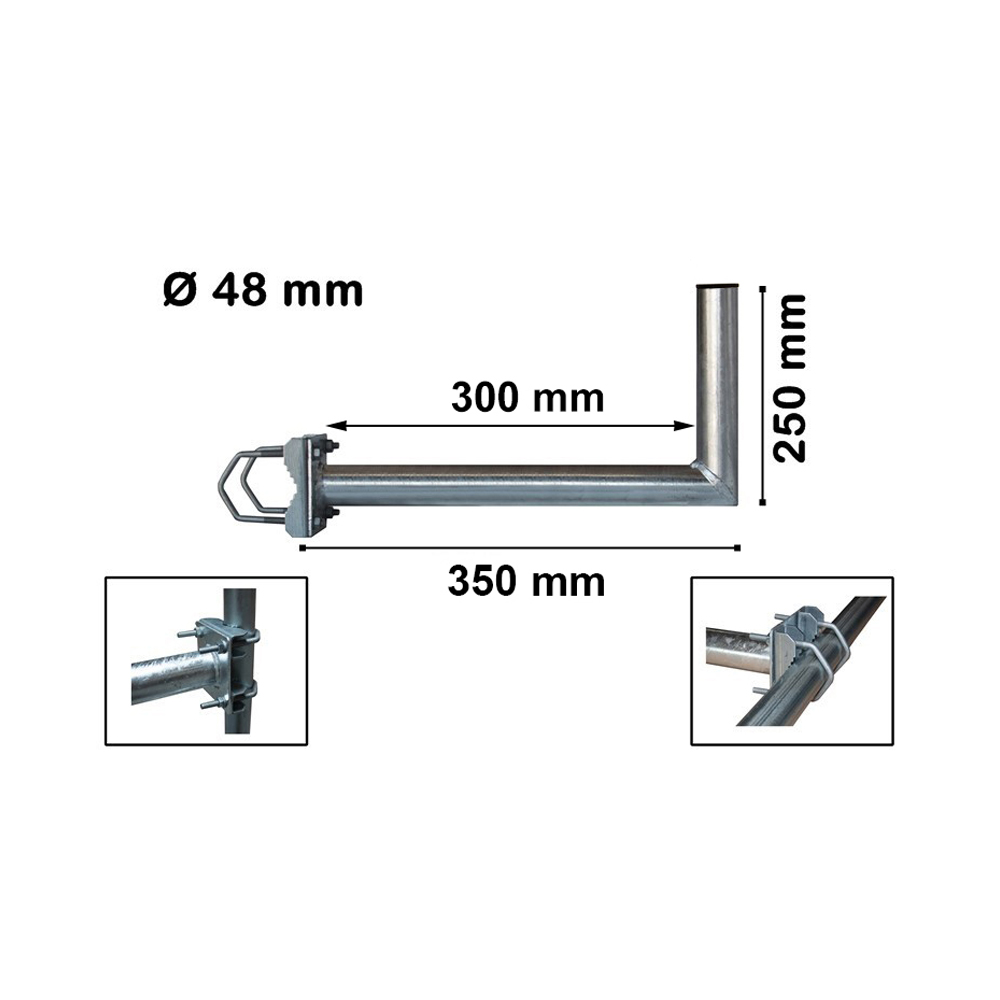 Metall-Antennenhalterung. Abmessungen sind auf dem Bild beschriftet, die Längen zeigend.