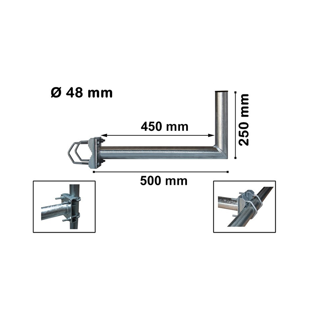 Metallhalterung mit Maßangaben. Rechtwinklig, mit U-Bügel, Maße in mm.