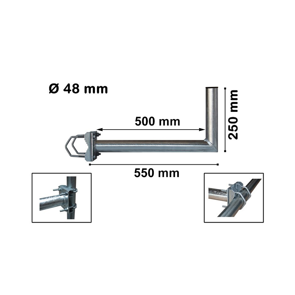 Metallantennenhalterung mit Abmessungen in mm und Nahaufnahmedetails.