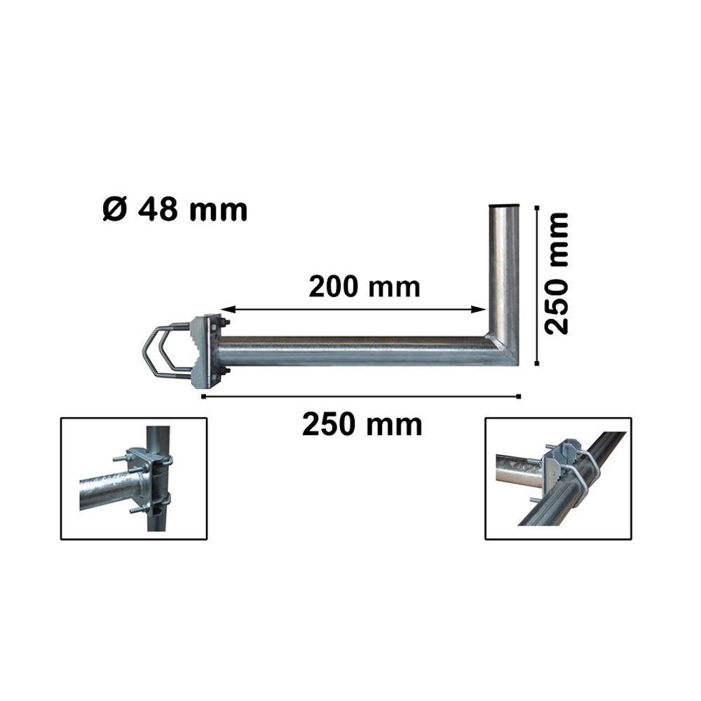 Metall-Antennenhalterung, mit den Maßen 200 mm und 250 mm. Mehrere Ansichten der Halterung werden gezeigt.