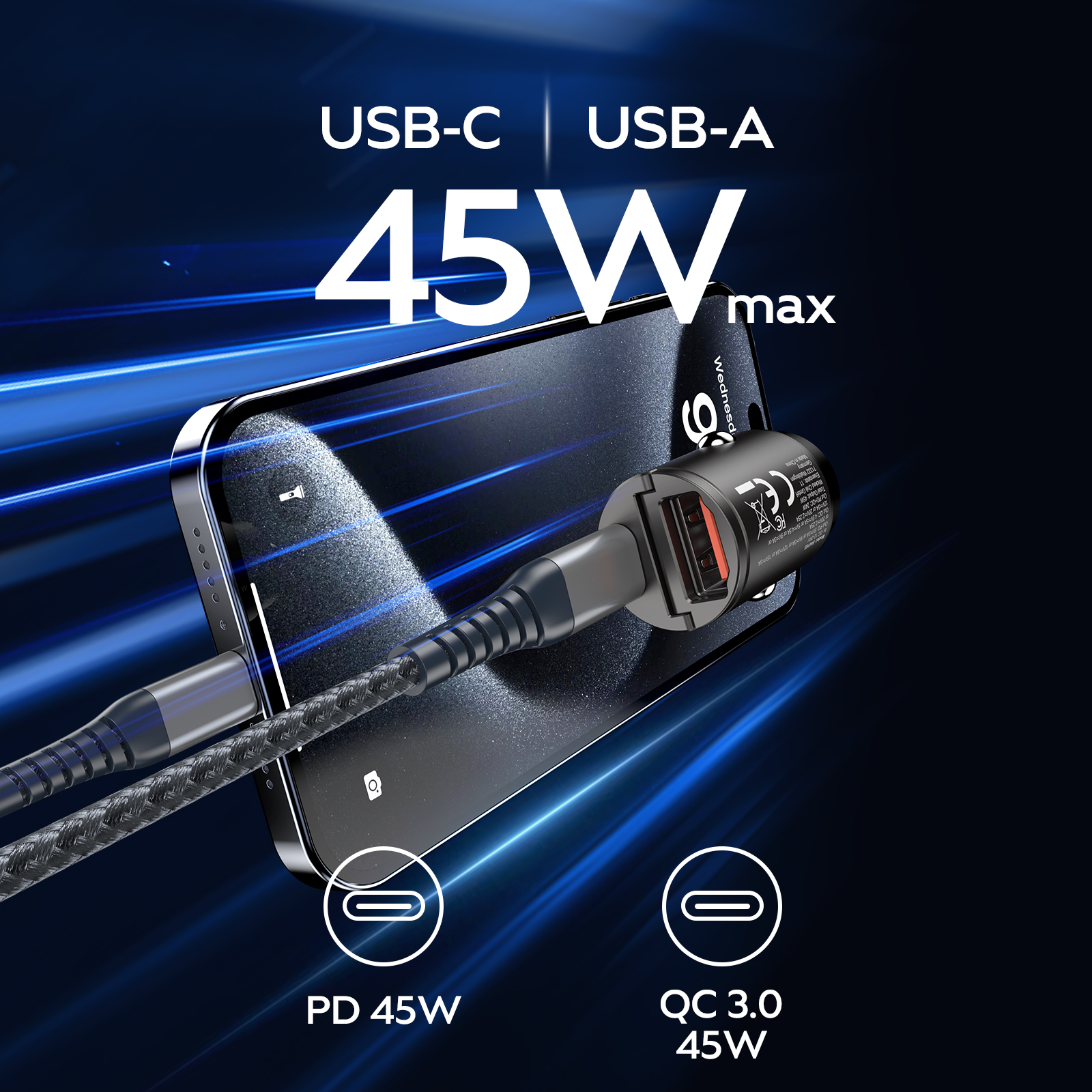 Telefon mit USB-C-Kabel geladen. Text zeigt 45W max Laden. Blauer Hintergrund mit Linien.