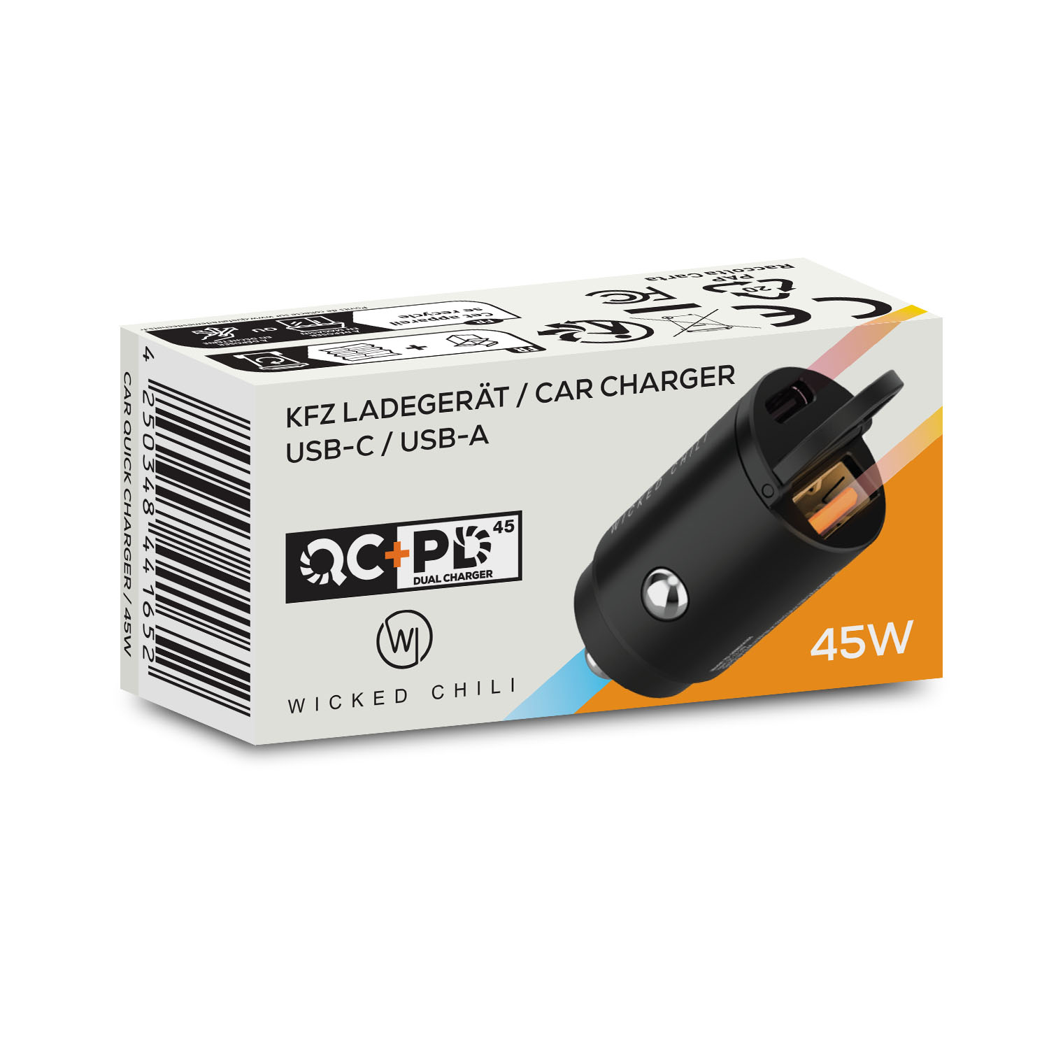 Eine schwarz-weiße Autoladegerät-Box mit dem Text 'KFZ LADEGERÄT/CAR CHARGER USB-C/USB-A' auf weißem Hintergrund.