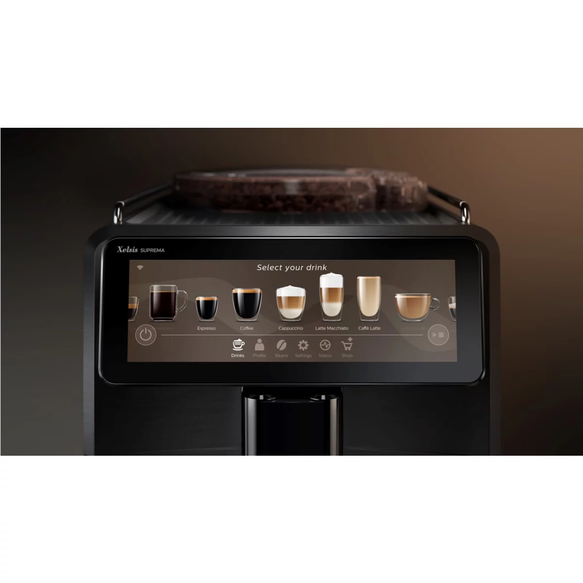 Eine schwarze Kaffeemaschine mit Touchscreen, der Getränkeoptionen anzeigt. Text sagt 'Wählen Sie Ihr Getränk'.