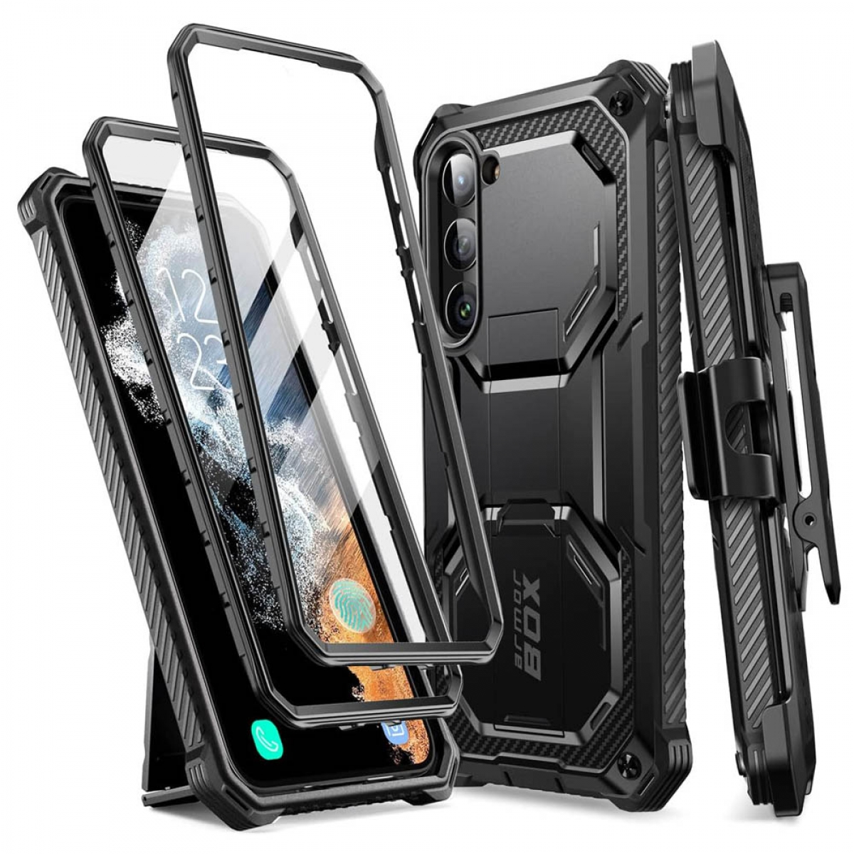 Custodia nera per telefono con telefono all'interno, supporto e protezione schermo.