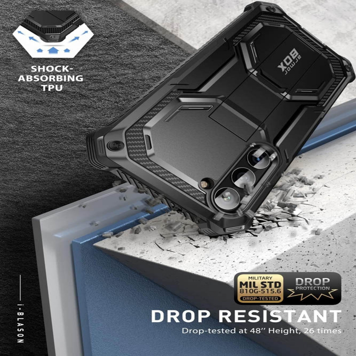 Custodia nera per telefono. TPU ammortizzante, resistente alle cadute, standard militare.