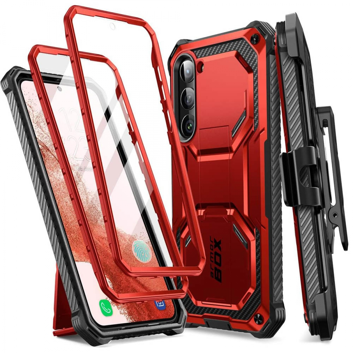 Custodia per telefono rossa con supporto e protezione schermo.