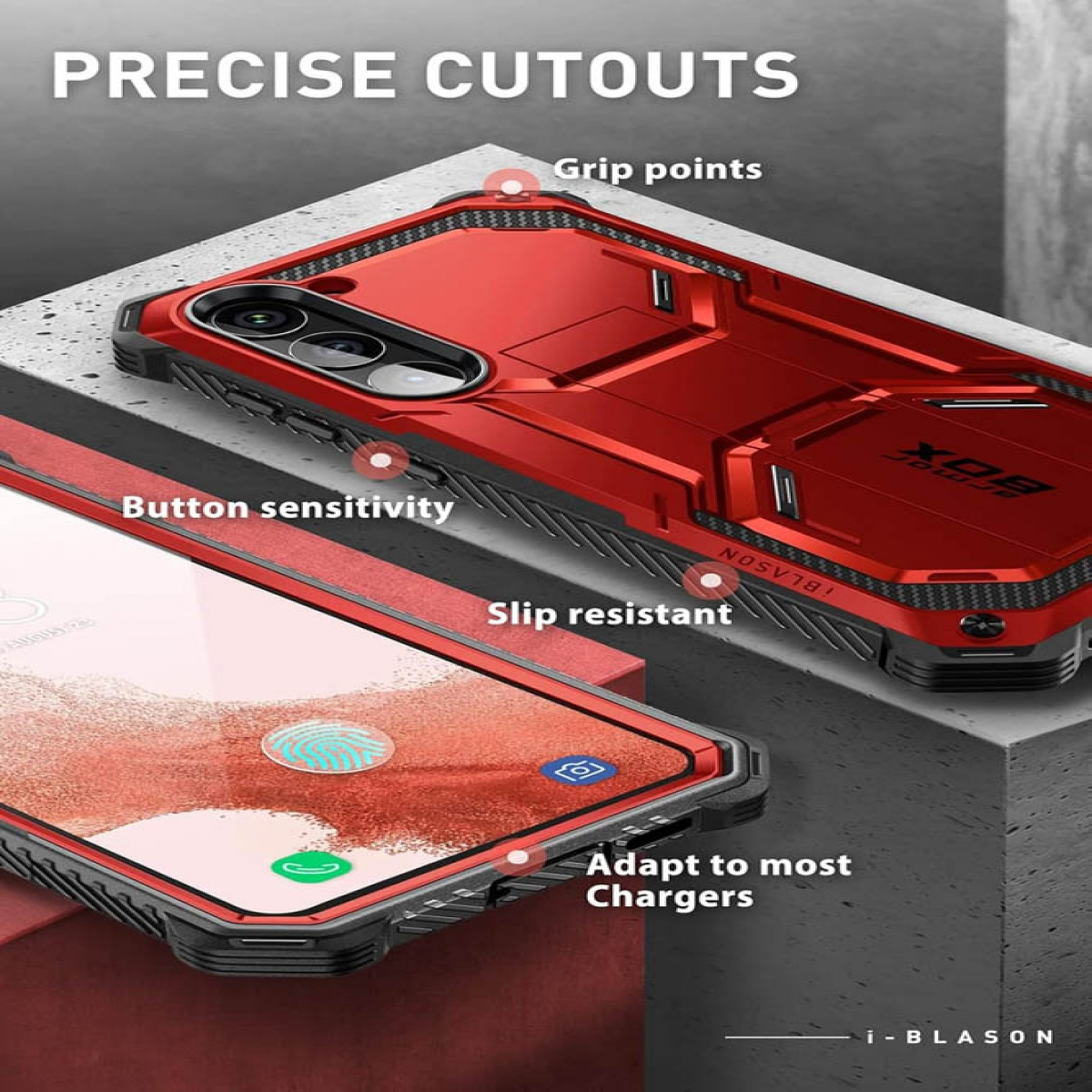 Una custodia per telefono rossa con testo e un telefono. La custodia è antiscivolo.
