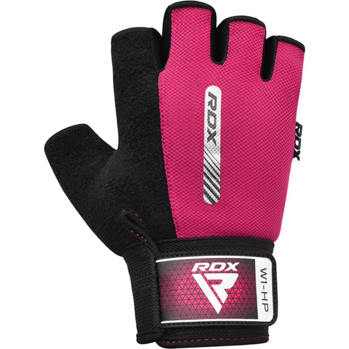 Pink and black workout gloves with the RDX logo. The gloves have finger holes.