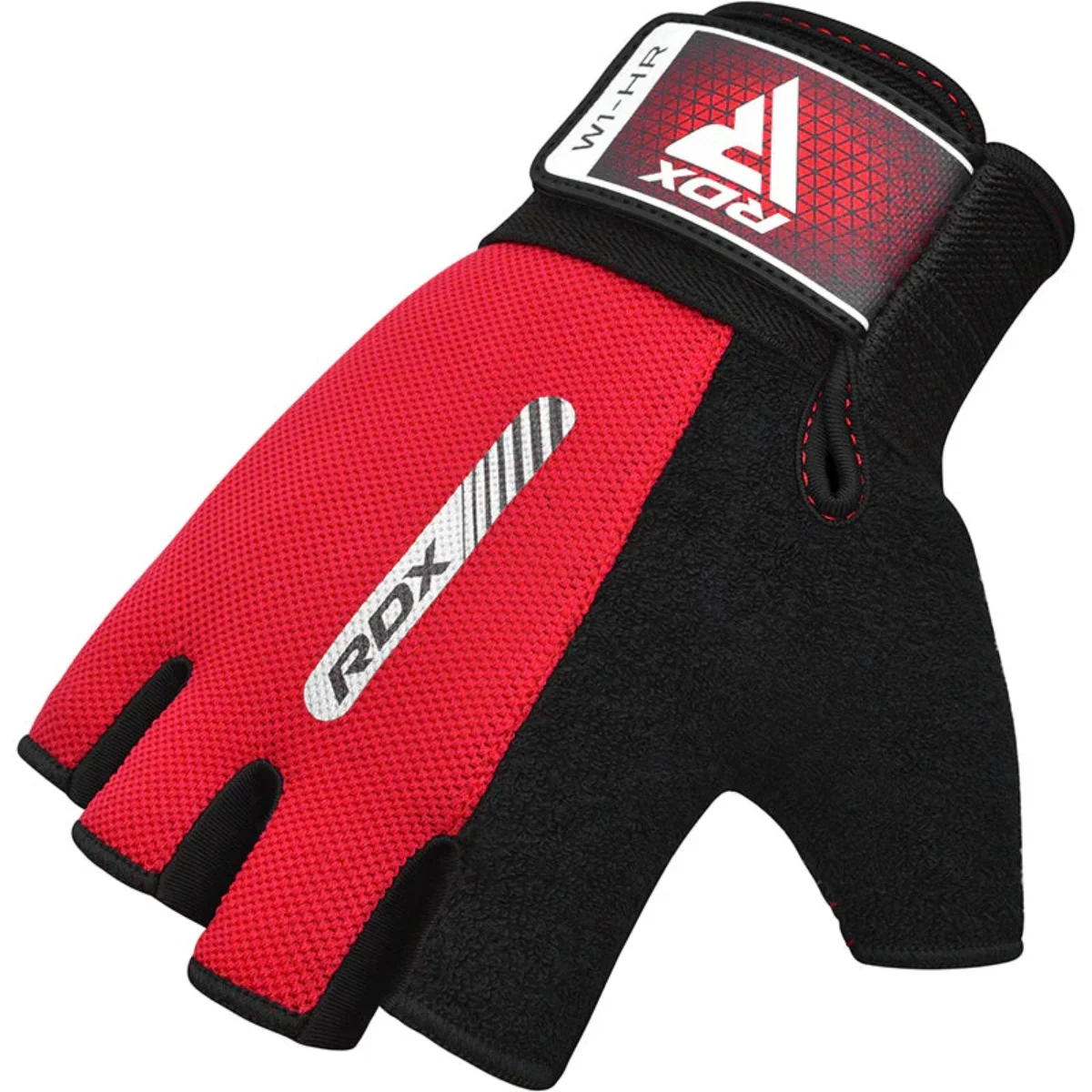 Rode en zwarte gewichthefhandschoen met RDX-logo, zonder vingers.