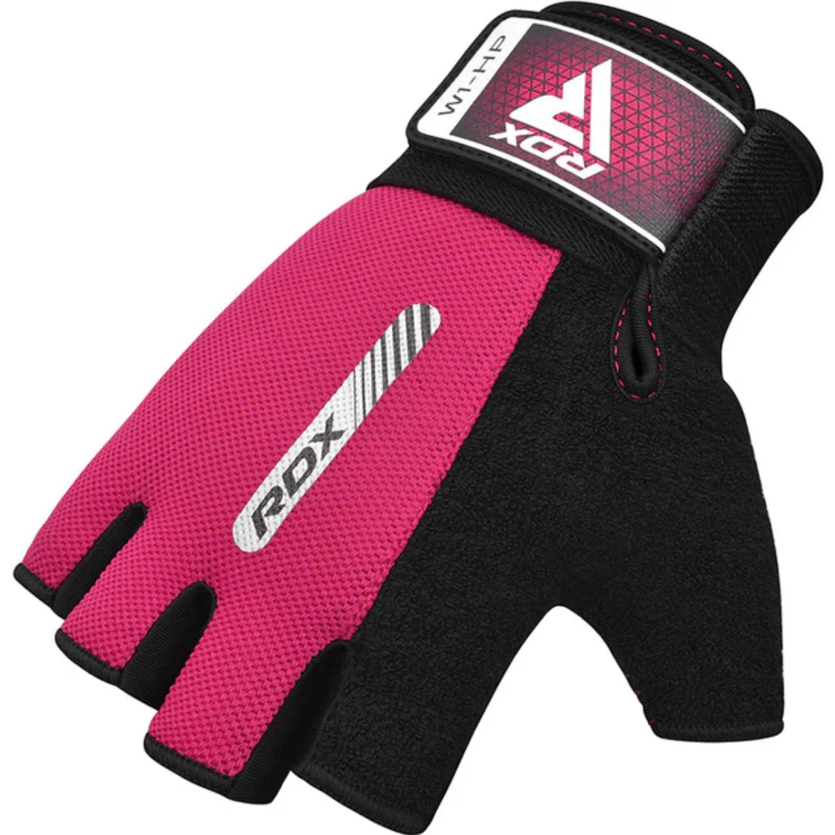 Pink and black weightlifting glove with RDX logo, fingerless.