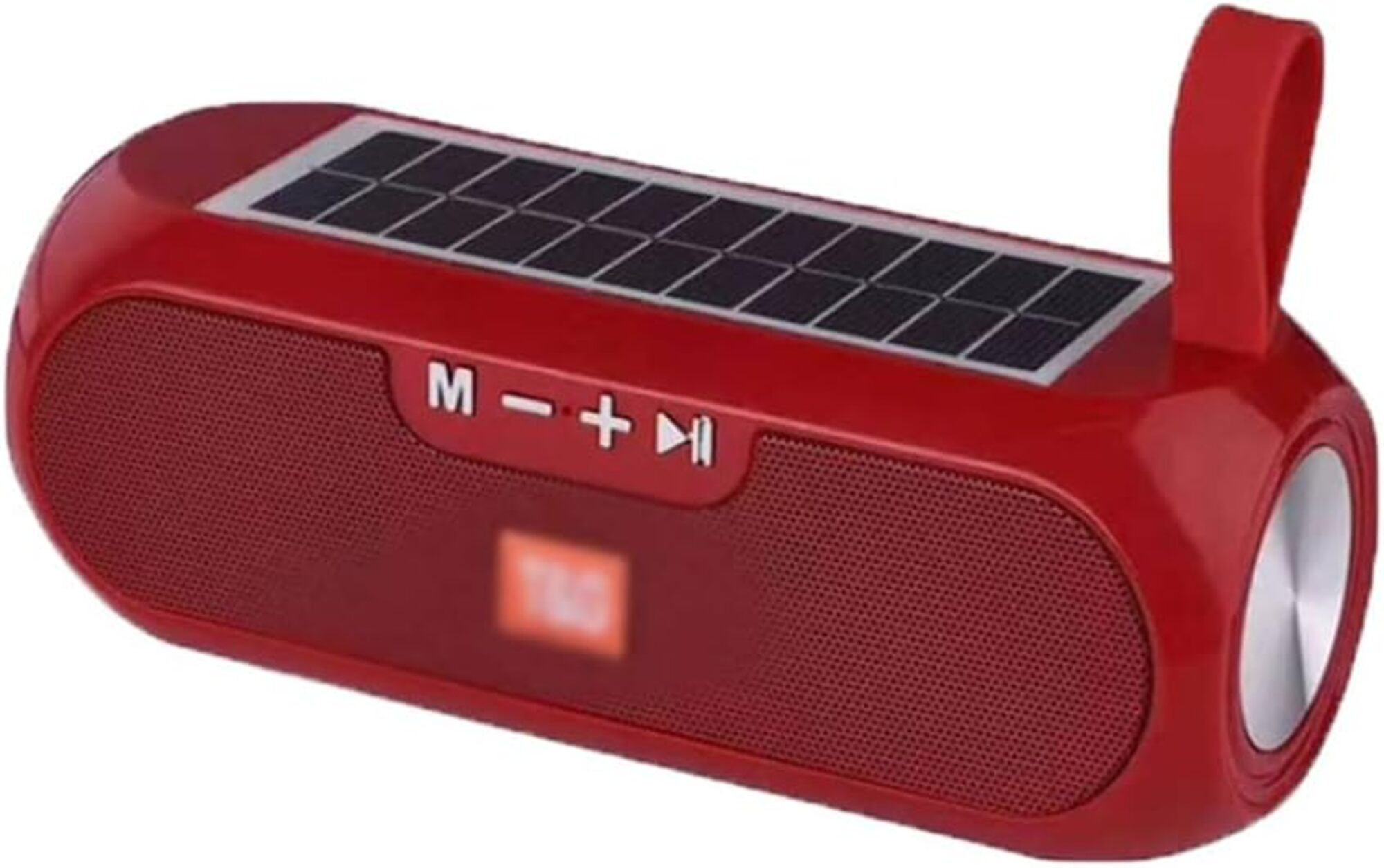 Altavoz rojo portátil con panel solar y asa de transporte.