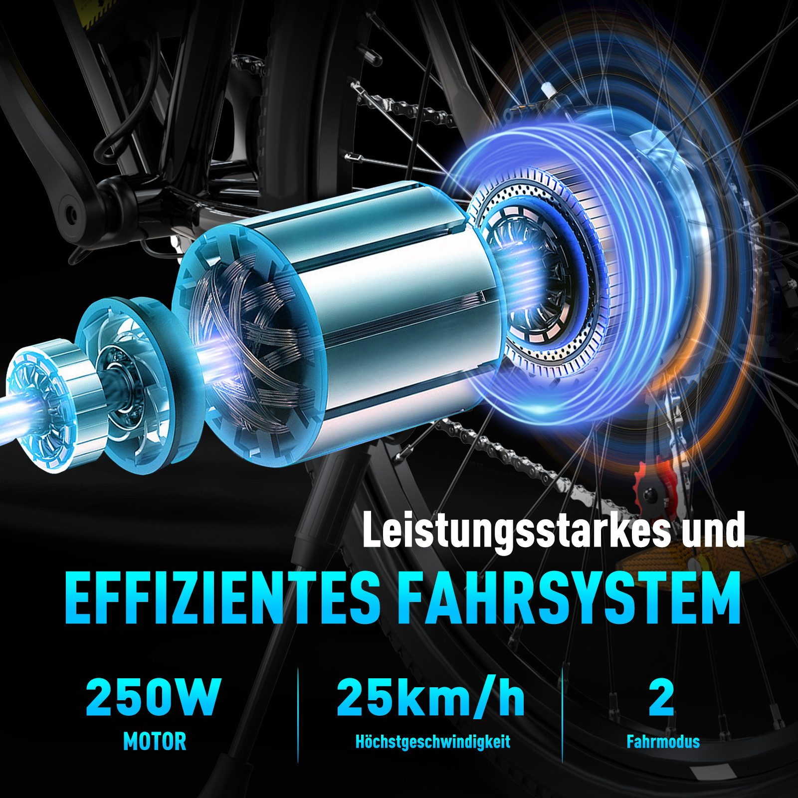 Nahaufnahme von Motor und Zahnrädern eines Fahrrads. Text hebt 250W Motor hervor.