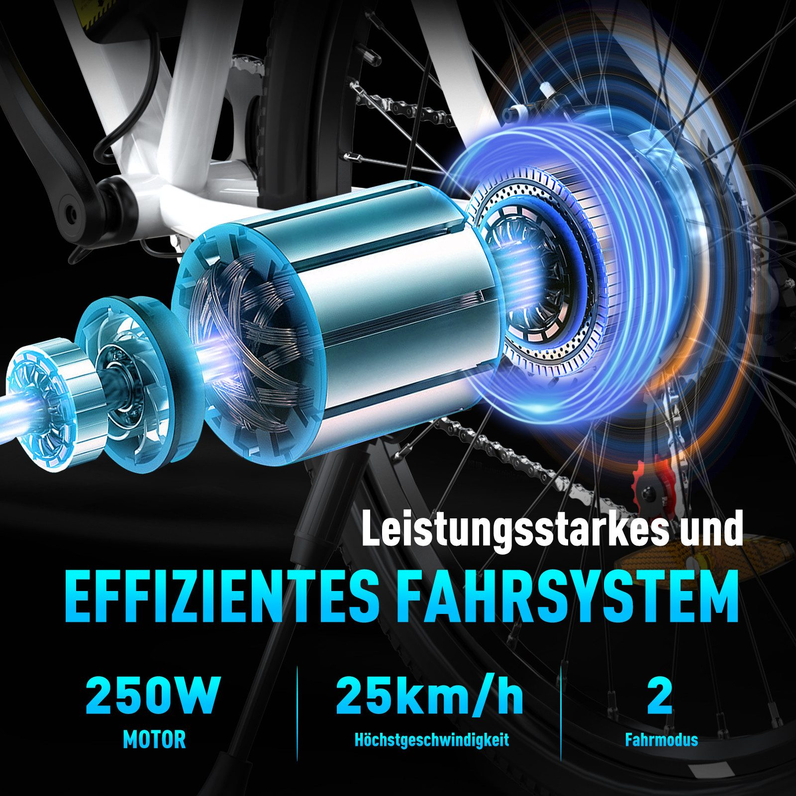 Ein Elektrofahrradrad mit blauen Neon-Highlights. Der Text lautet '250W MOTOR' und '25km/h'.